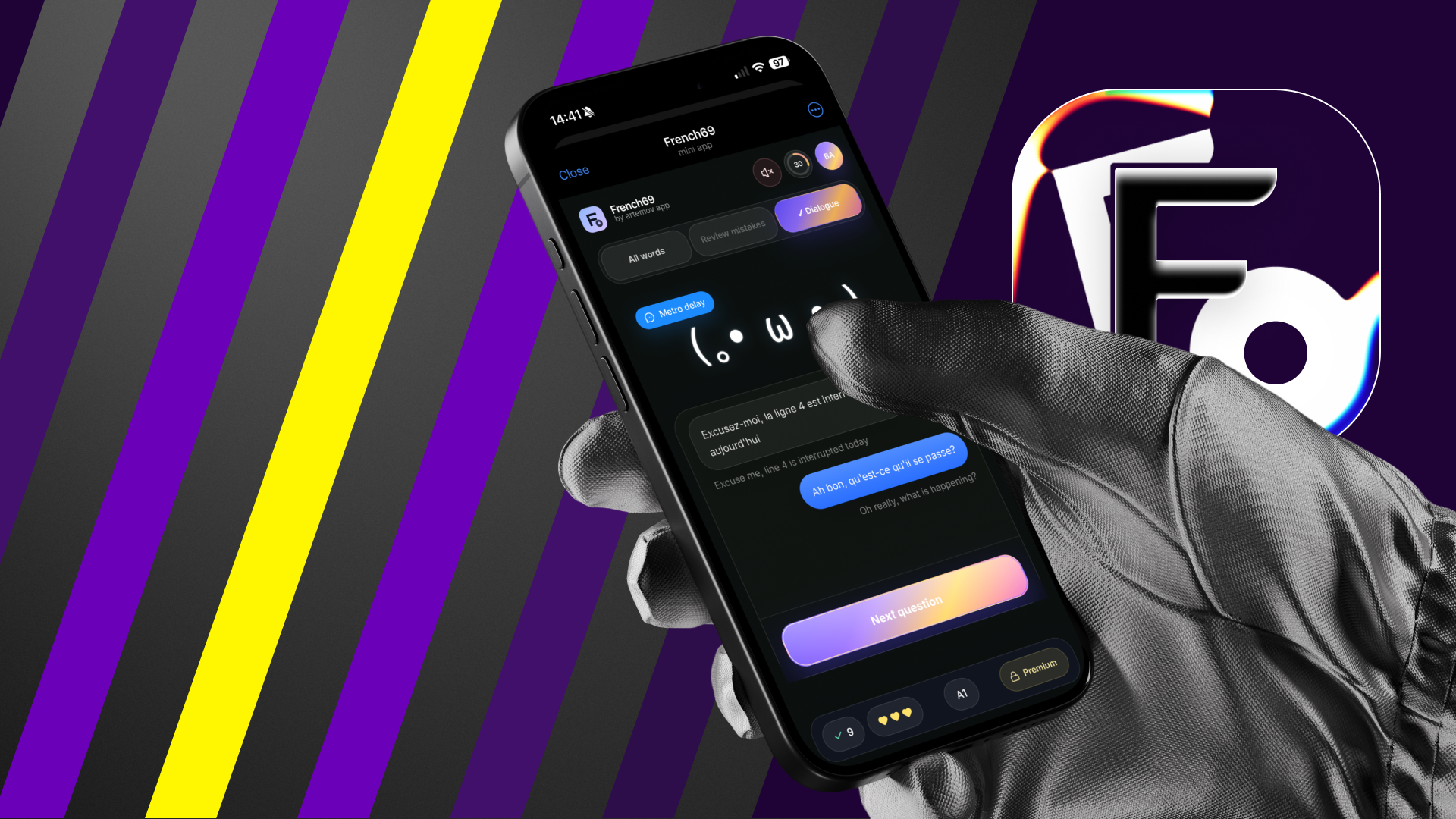French69 App — Dialogue mode animation app design character ed tech friendly language learning app mascott mobile app startup ui ux