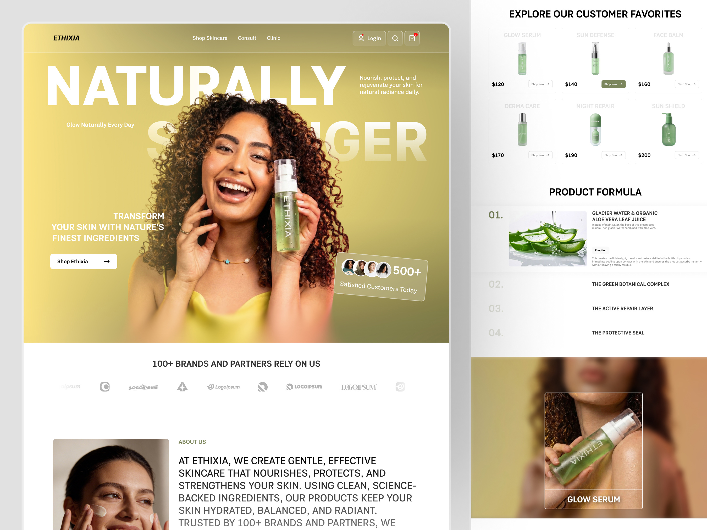Natural Skincare Landing page ✦ Ethixia beauty beauty product beauty website cosmetic cosmetology ecommerce face care landing page makeup minimalist natural glow product page design self care skin skin care skin treatment skincare store web design