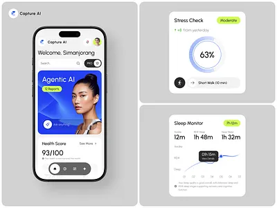 Capture AI - Smarter Health Tracking UI Elements agentic ai ai artificial chart clean dashboard health health dashboard health widget minimalist modern monitor pie chart sleep stress ui ui design uiux ux