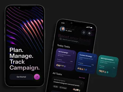 Campaign Manager App — Dark UI with Gradient Task System app app design branding campaign manager dark ui design gradients graphic design interface logo marketing app mobile modern neon orizondesign productivity task manager ui ux workflow