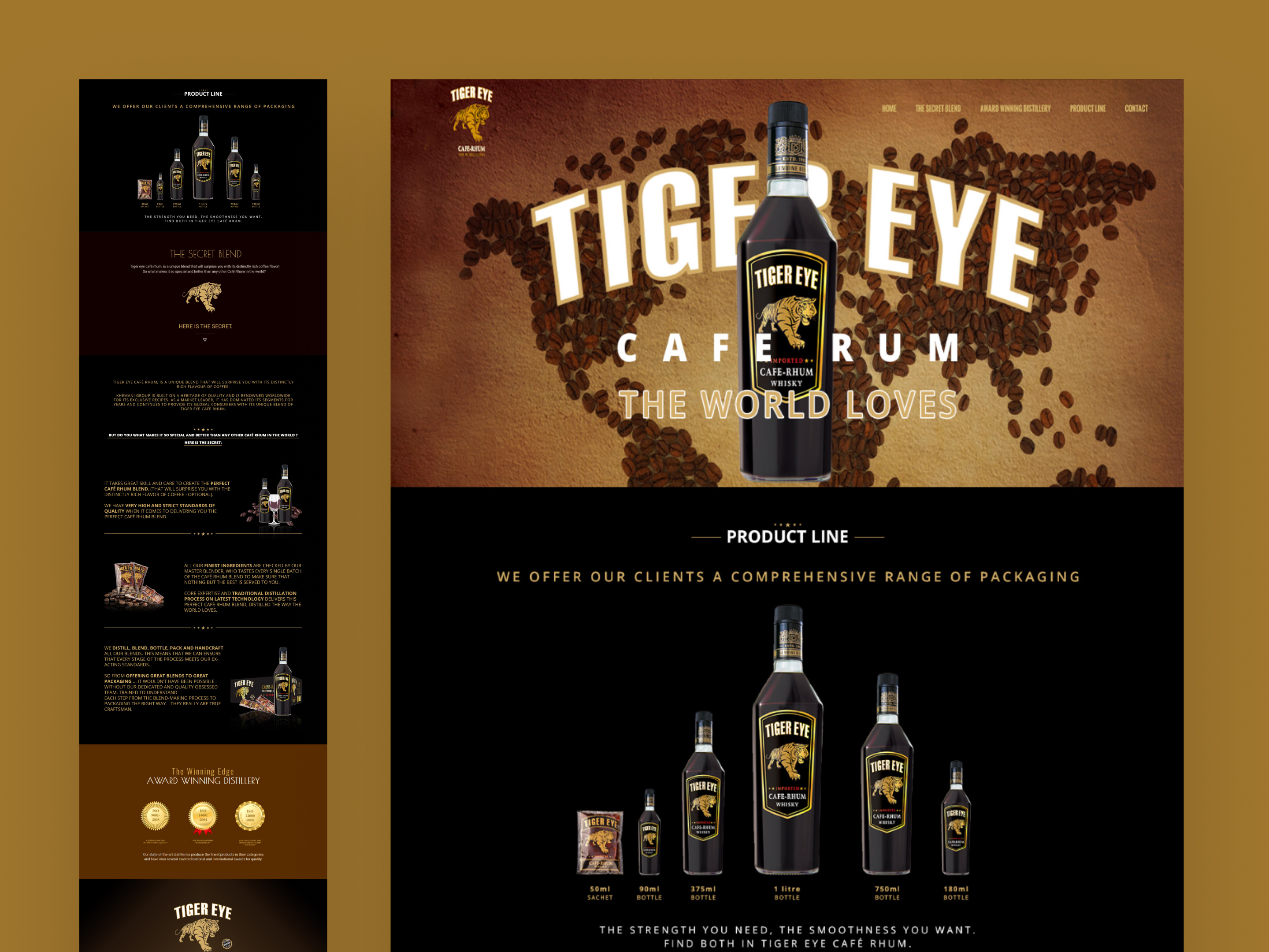 Tiger Eye Café Rum — Premium Product Landing Page alcohol branding beverage branding creative direction dark ui design e commerce landing page luxury design premium brand product design product showcase rum typography ui ui design ux visual design web design whisky