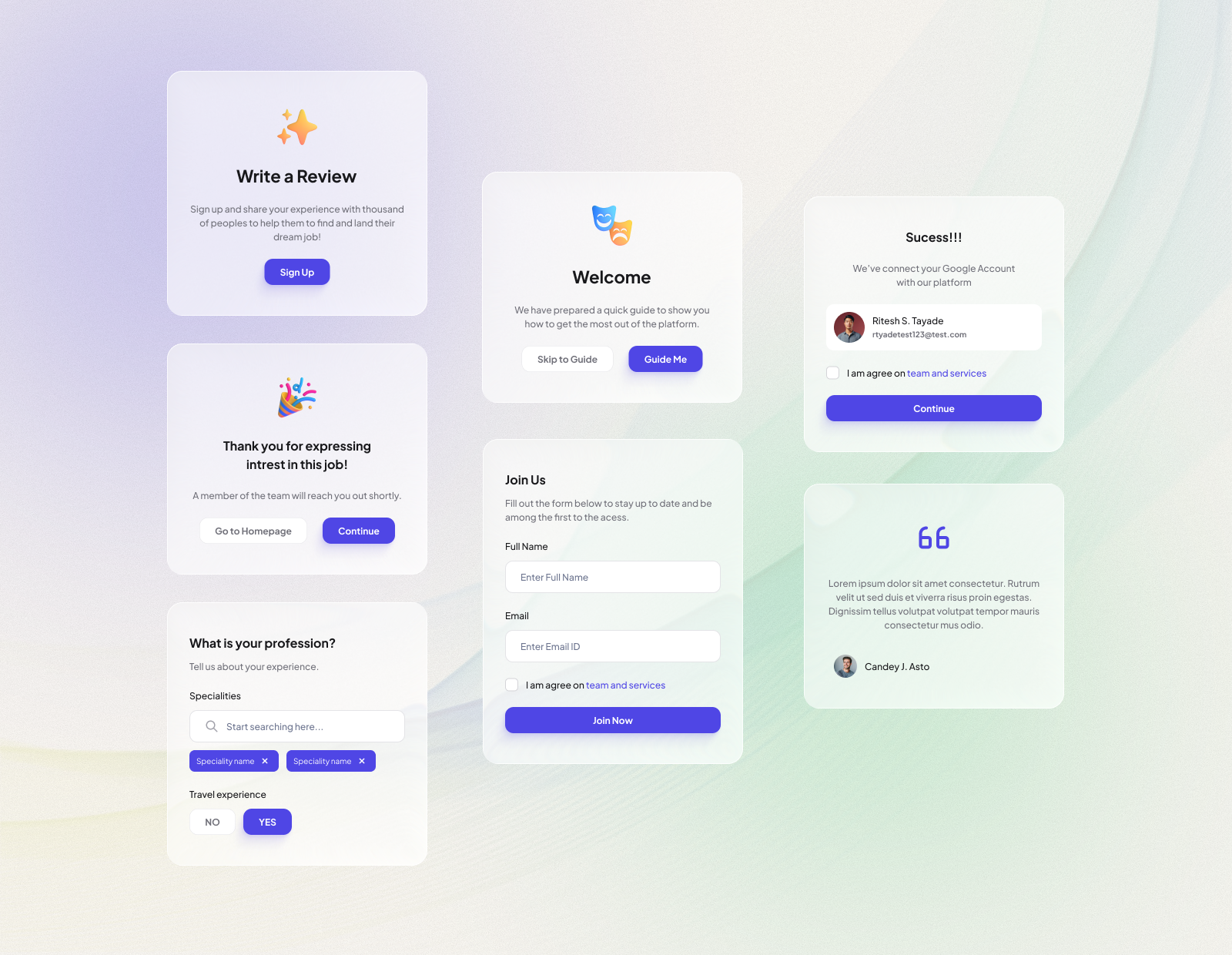 Glassmorphism UI Cards – User Onboarding Experience card ui clean design component design figma glassmorphism interaction design ui design user experience