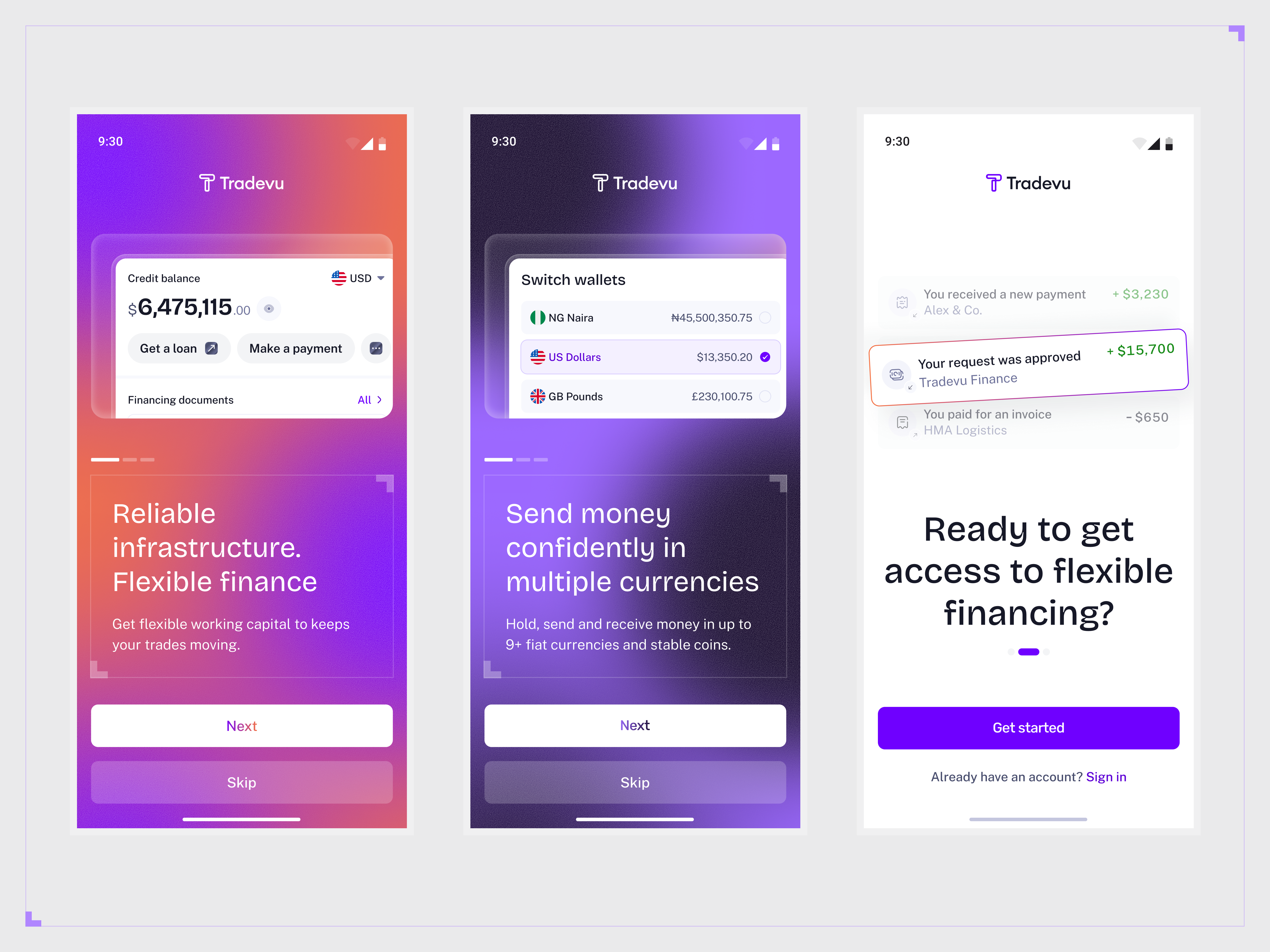 Tradevu: Mobile App Welcome Screens | Financial Platform ai app caveman finance fintech godswill ukpong interaction mobile app product design supply chain trade tradevu ui
