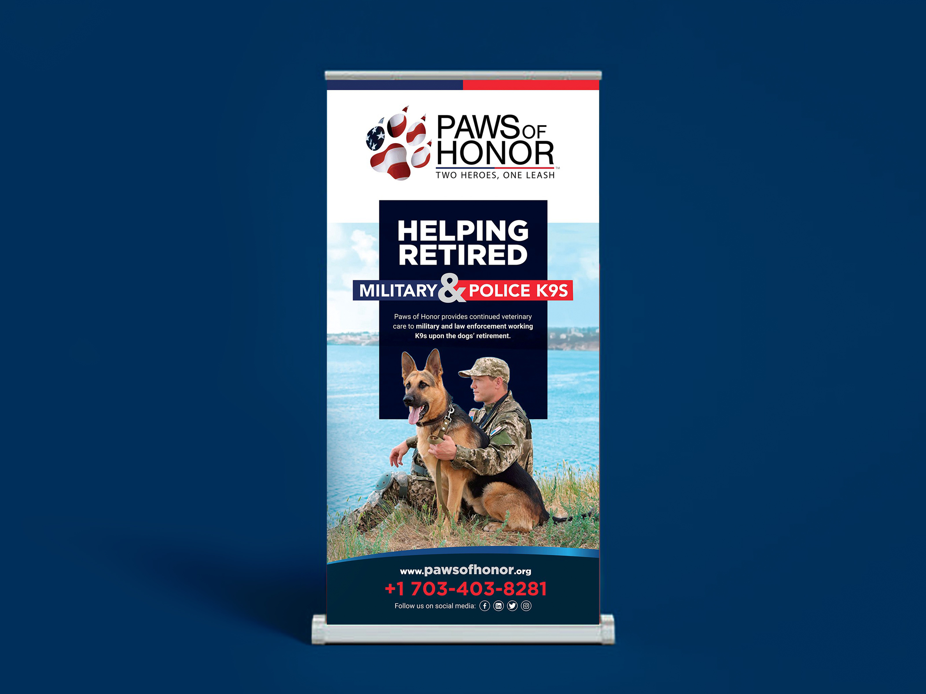 Paws of Honor – Roll-Up Banner Design bannerdesign graphic design k9veterans militaryk9 nonprofitdesign patriotic branding pawsofhonor roll up banner design