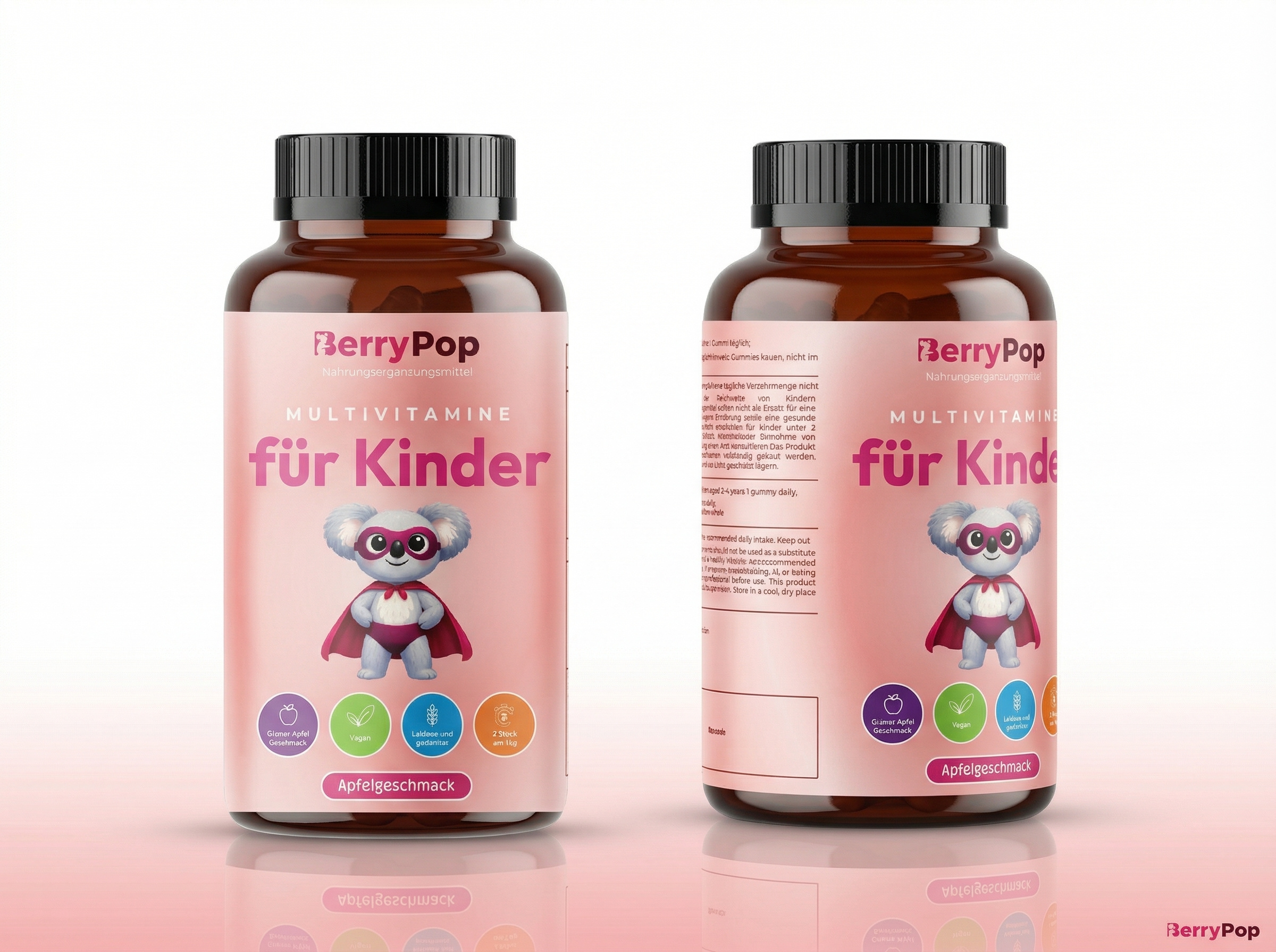 Cute Kids Supplement Packaging Design | BerryPop Gummies branding design child product cute branding gummy packaging kids supplement packaging design pink packaging product label supplement mockup vitamin label