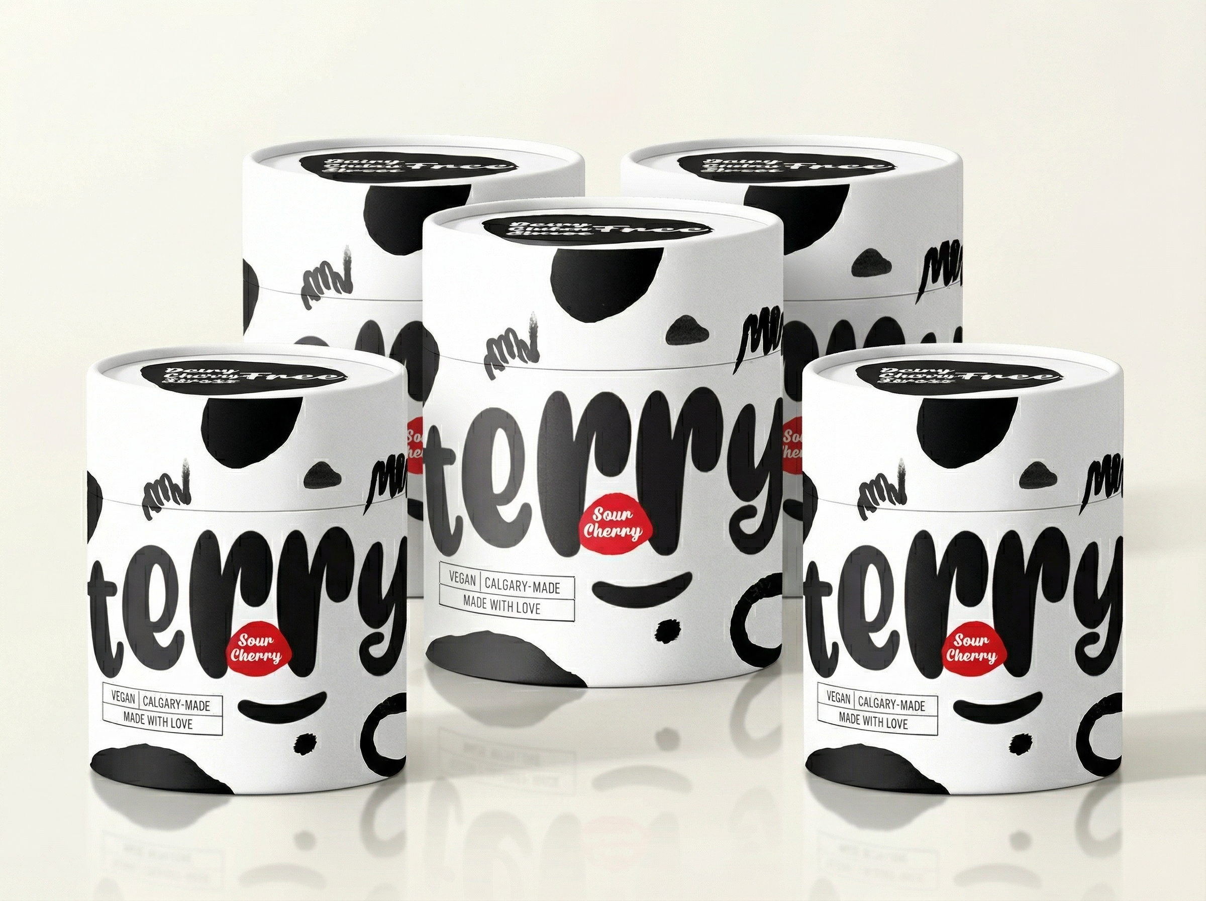 Premium Multi-Pack Canister Mockup Design | Terry Sour Cherry canister design cylinder packaging food packaging label design modern branding packaging design packaging mockup premium mockup product packaging product presentation