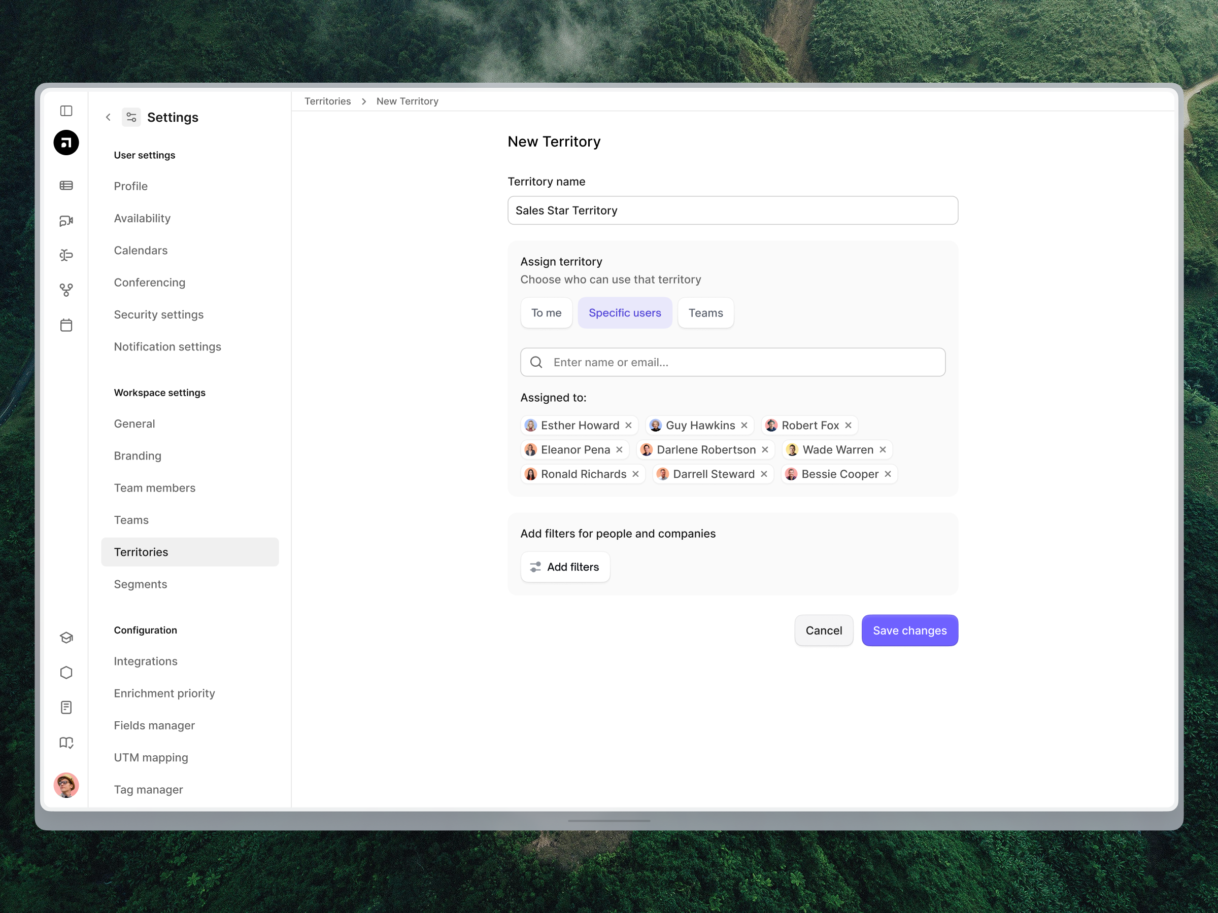 Default.com — New Territory account settings app b2b data navigation persona platform platform settings profile settings saas segmentsa settings side menu territory territory management