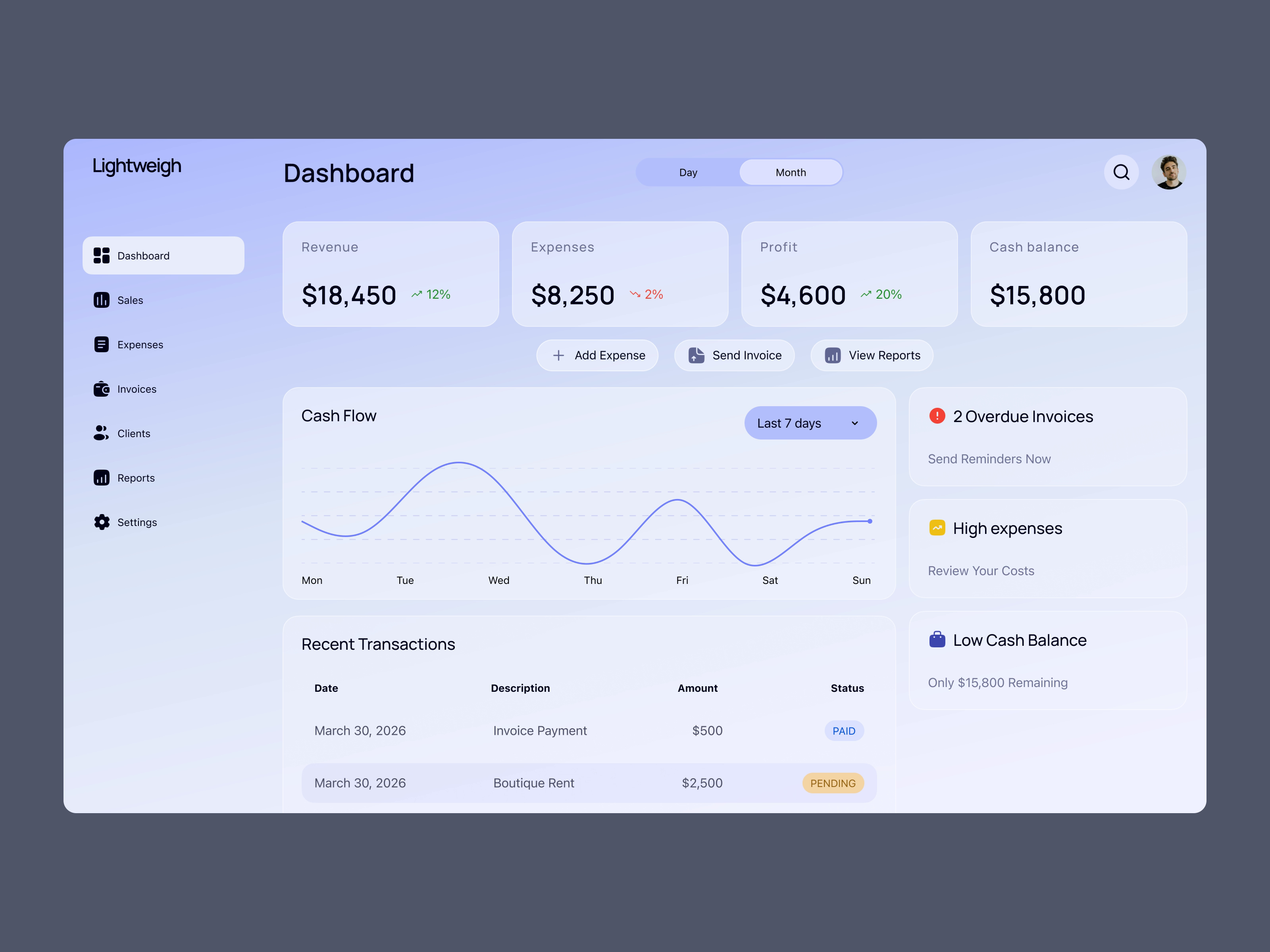 Lightweigh finance dashboard