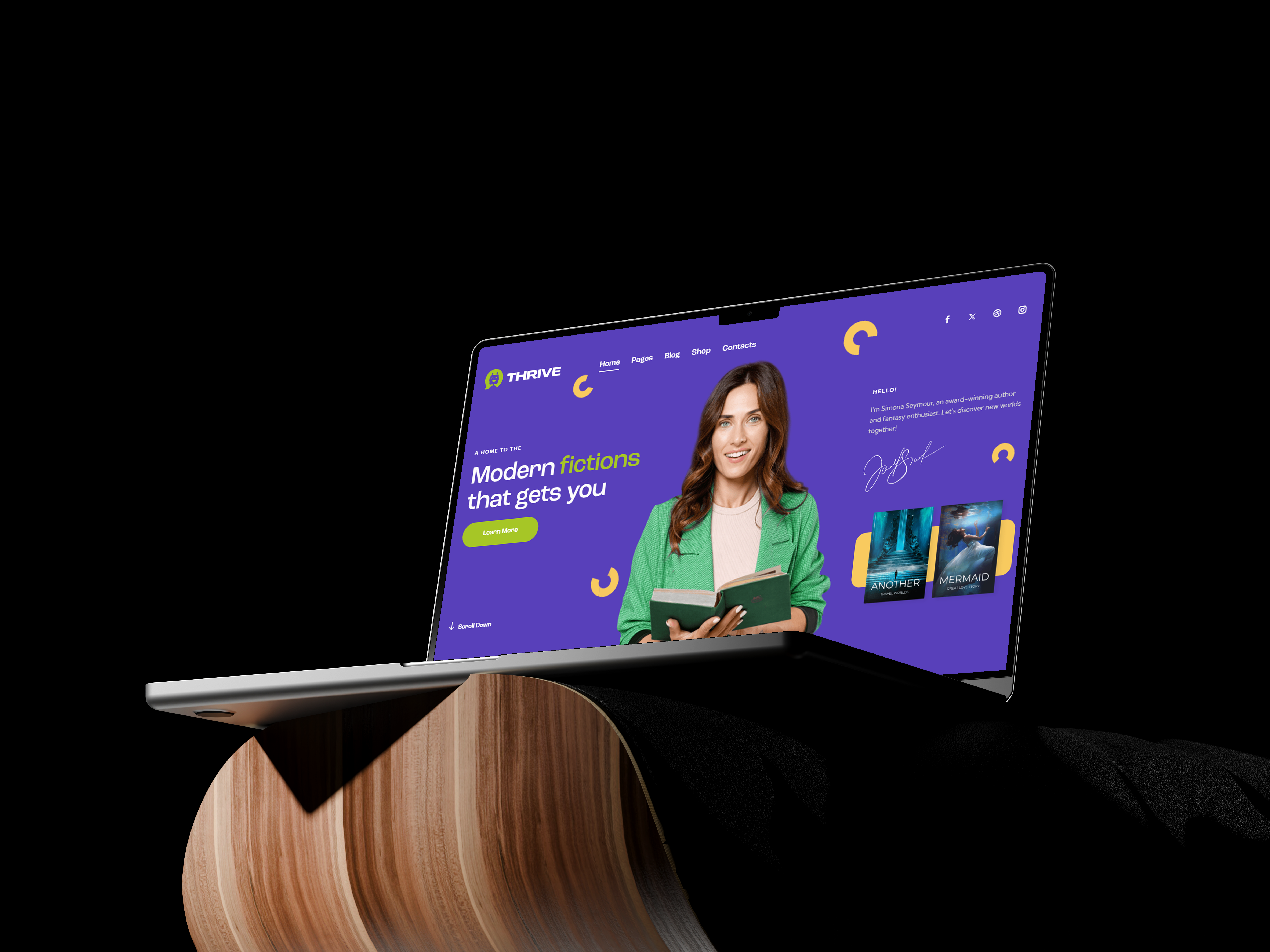 Author Portfolio Website Design author showcase books bookstore website clean layout digital product e commerce ui fiction books landing page design library website literary design mermaid book cover modern web design online book shop purple website responsive web thrive ui design user interface design web design yellow accents