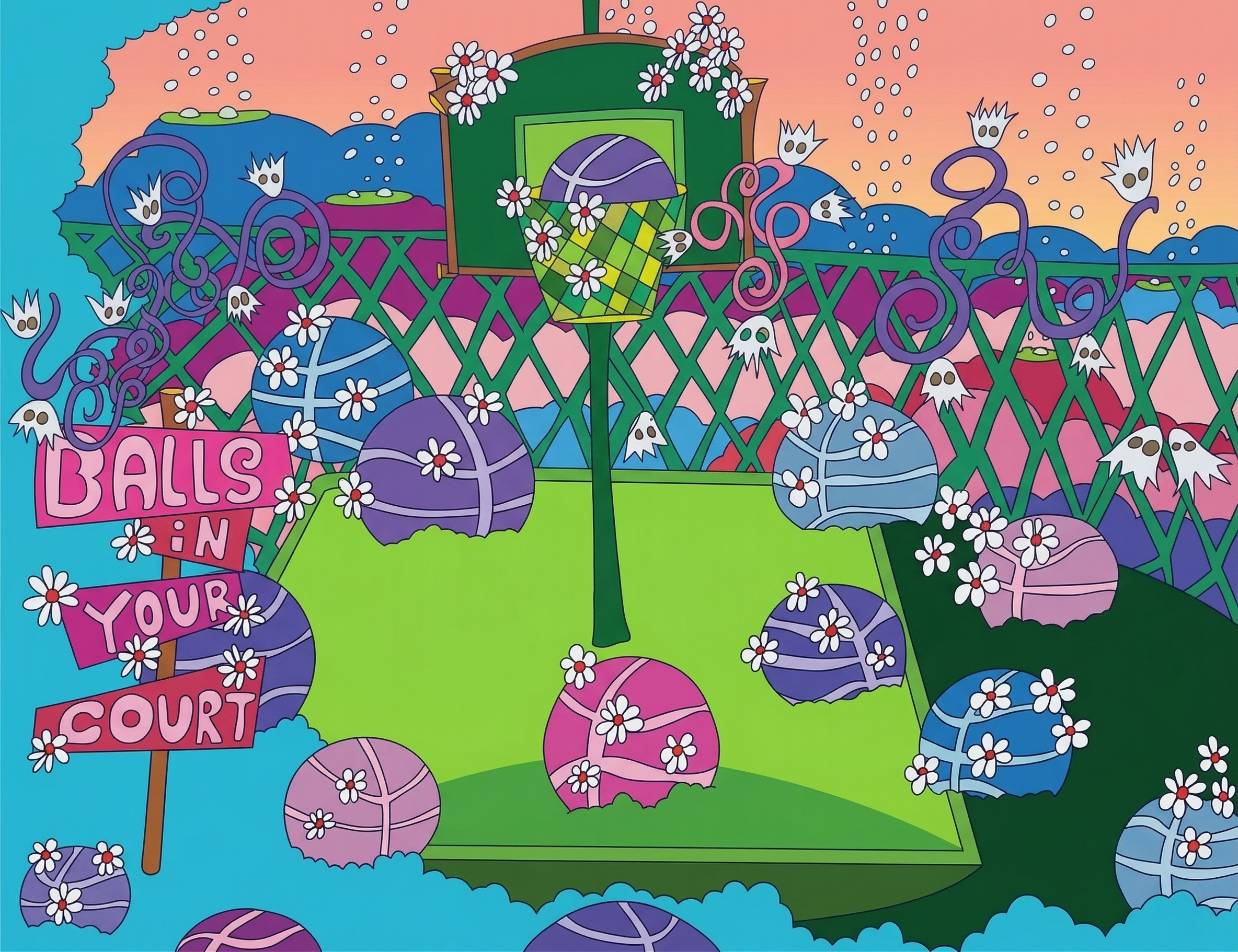 Balls in Your Court basketball basketball court colorful comics cute dreamlike fantasy flat game design graphic design graphic novel illustration nostalgia pop art psychedelic rainbow surrealism trippy vector whimsical