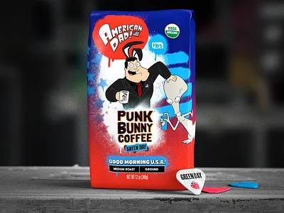 TBS 'American Dad' S19 Promo with Green Day's coffee brand. bag branding coffee collab collaboration entertainment good morning usa graphic design green day package design packaging partnership promo punk bunny tbs