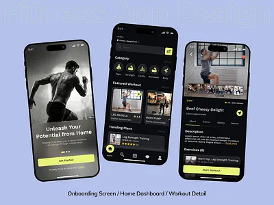Fitness App Design — Gym & Workout Mobile App app design dark mode ui design fitness app fitness dashboard glassmorphism gym ui health ios app minimalist design mobile app design personal trainer tracker training app uiux uiux design user interface workout app