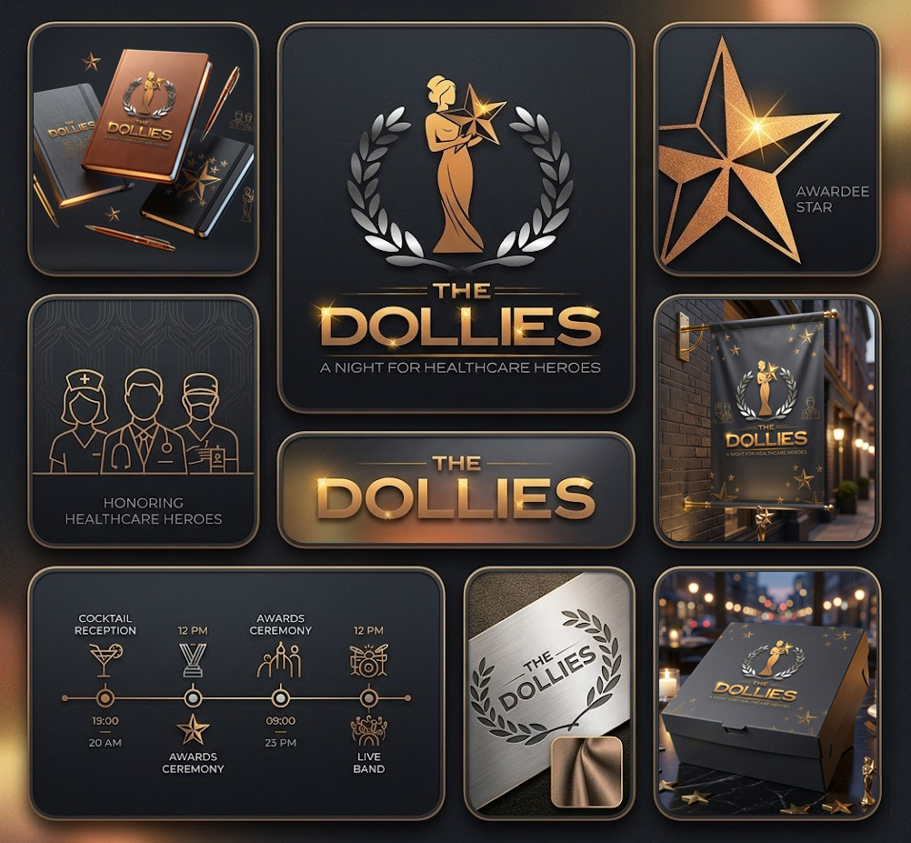 The Dollies: Elegant Branding for Healthcare Heroes Gala awards branding elegant event branding gala gold graphic design healthcare heroes identity logo design luxury medical metallic premium recognition star statue typography wreath