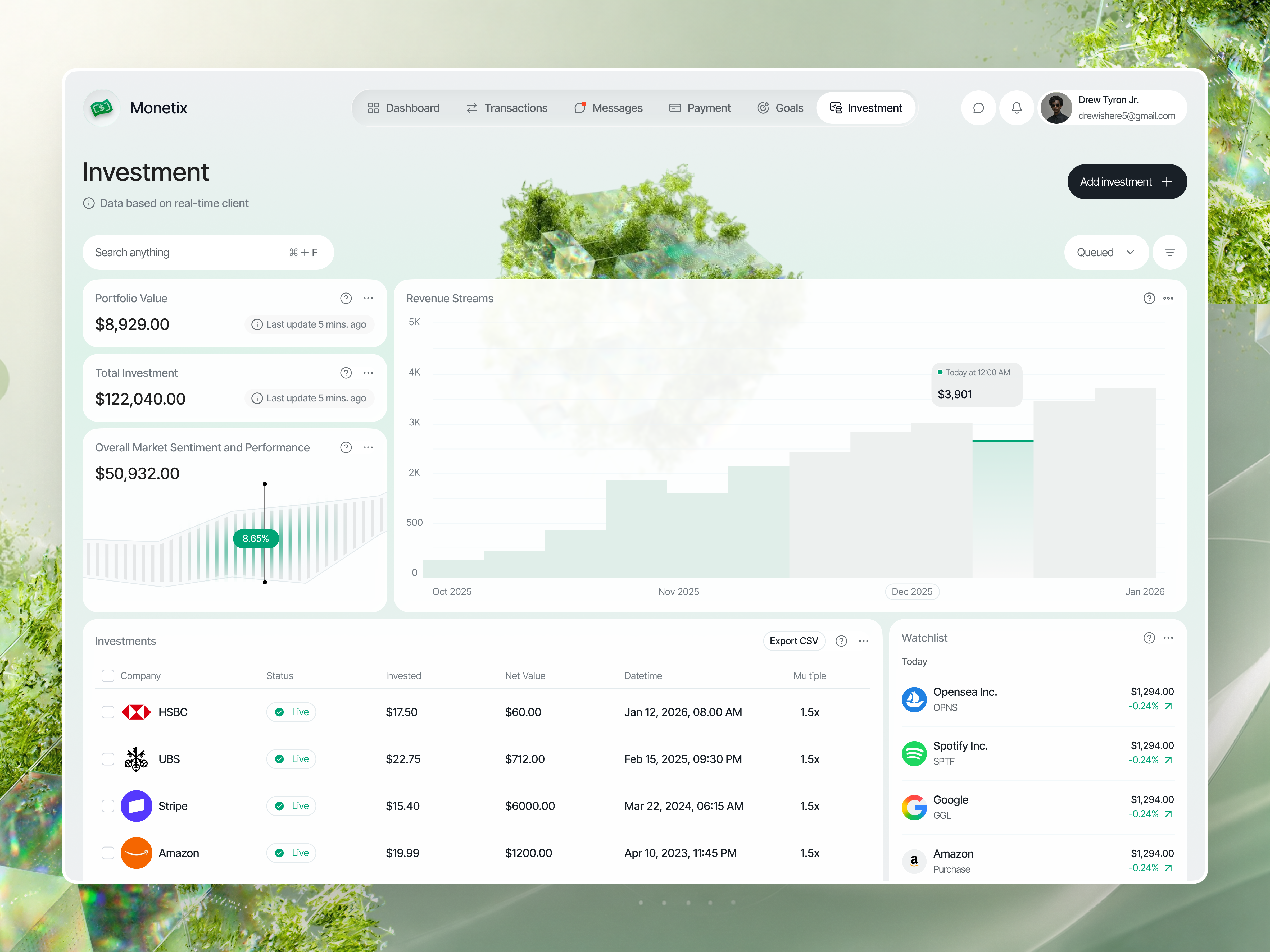 Monetix — Investment Portfolio Dashboard card clean dashboard dashboard finance design finance financial fintech invest investment stock ui uidesign uiux ux uxdesign web web app website website design