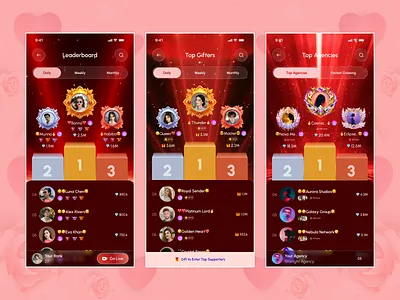 Leaderboard & Top Gifters UI – Live Streaming App achievements challenge dashboard fintech ui gamification gaming ui leaderboard live chat app live streaming mobile mobile app product designer ranking system scoreboard social app user engagement user interface winner