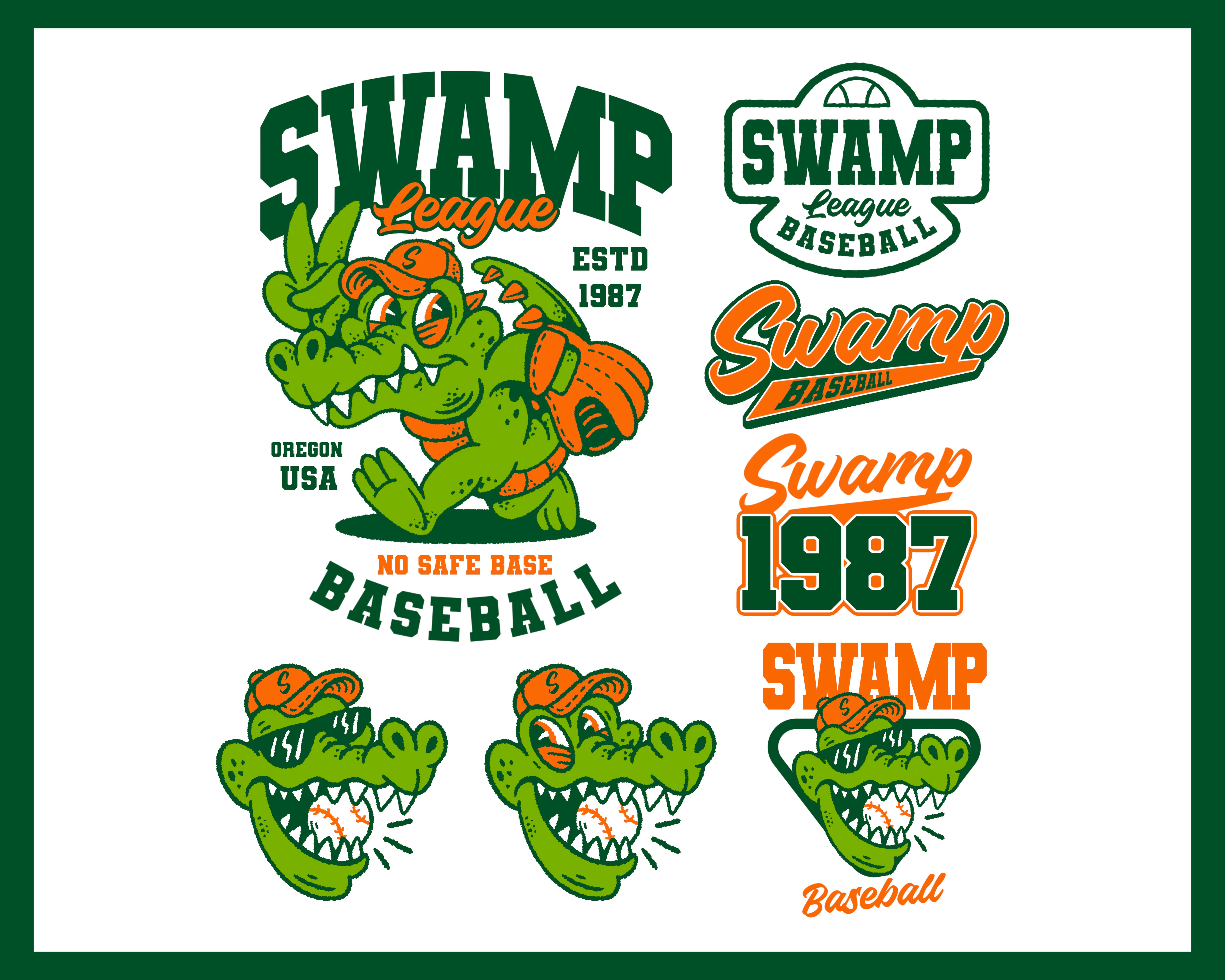SWAMP LEAGUE : Design Package apparel baseball baseball catcher branding design graphic design illustration logo mascot merch merch design retro design retro mascot sport sport club tee tee design