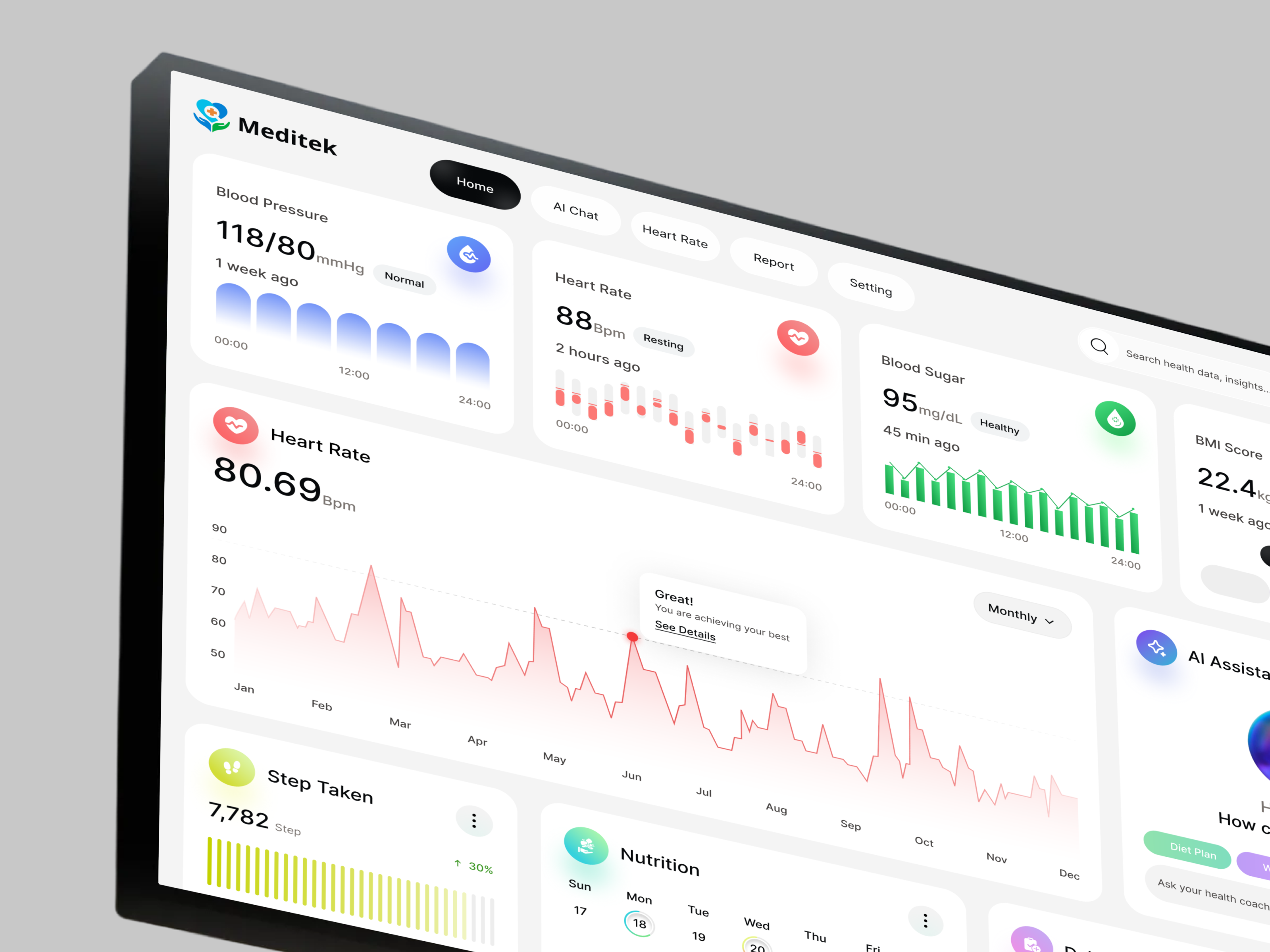 AI Health Monitoring Dashboard UI ai assistant ai dashboard analytics dashboard app dashboard clean ui dark dashboard dashboard ui data visualization fitness tracking health analytics health dashboard health monitoring healthcare ui medical dashboard modern ui saas dashboard smart health ui design ux design web app design