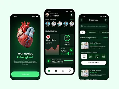Healthcare & Medical Mobile App UI app interface dark ui design doctor app health app design health dashboard health tracker app healthcare app medical app ui mobile app ui telemedicine app ui ui ux design ux wellness app