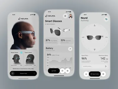 Futuristic Wearable App Concept for AI Smart Glasses ai ai powered brain tech dashboard ui data visualization ui e commerce glass glass product modern glass ui online store product design saas ui shopping smart device companion app smart glasses smart glasses ui startup app sun glass wearable tech wearables technology
