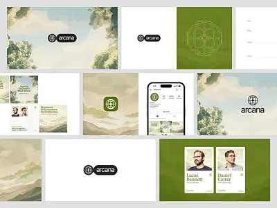 Arcana — Complete Brand Identity System ai app icon brand identity branding design system editorial green illustration instagram logo logo design logo mark minimal profile card social media tech typography visual identity
