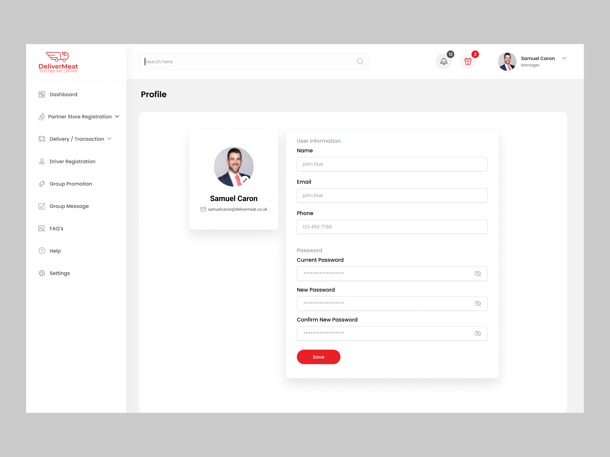 Profile Settings Page admin dashobard adobe delivermeat delivery courier deliveryfood development figma logistic delivery profile profile settings prototype user settings