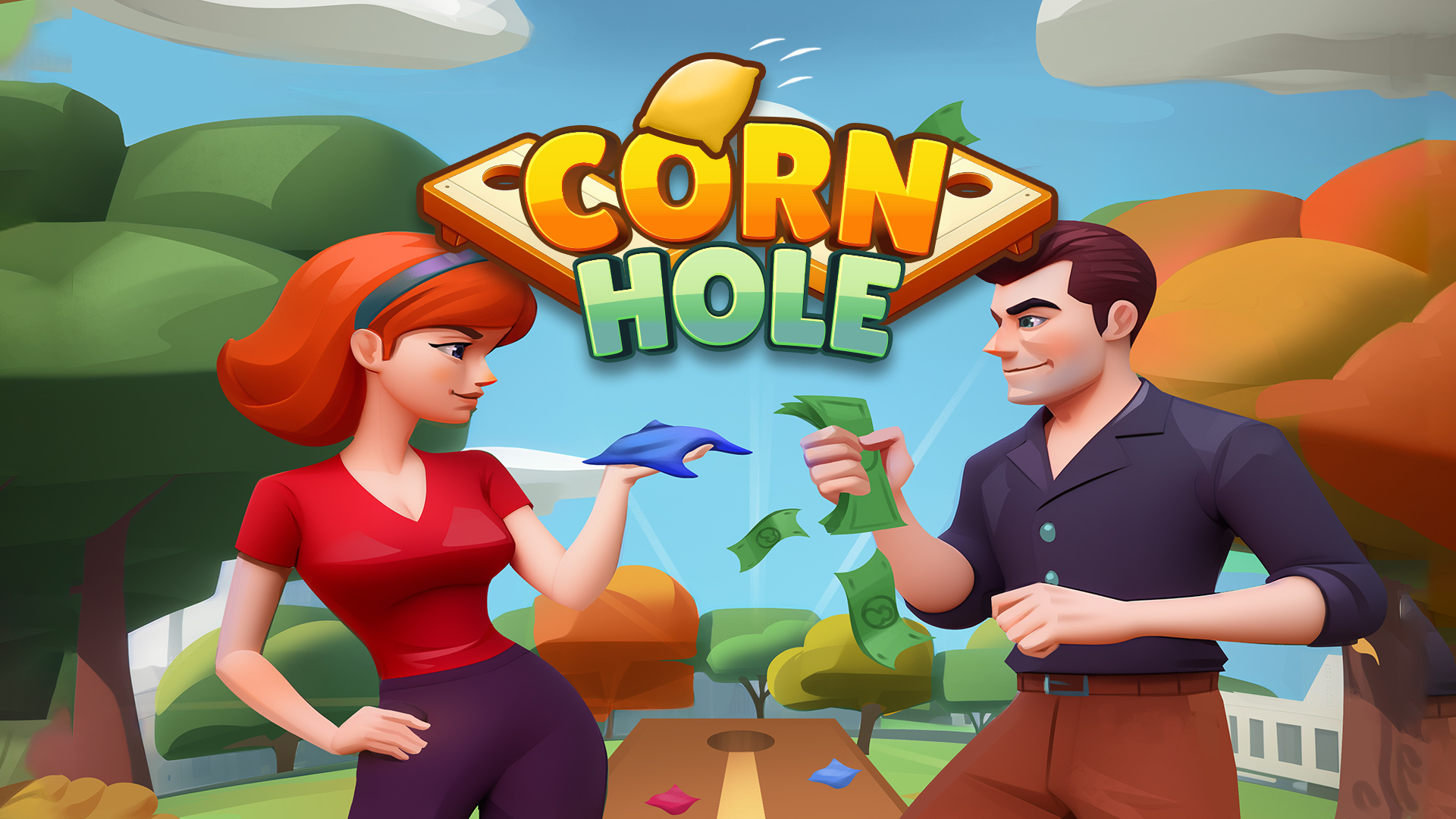 Corn Hole 2d art arcade game cartoon style casual game character design colorful cornhole game design game interface game ui gameplay hyper casual illustration ios app mobile game sports game stylized toss game ui design ux design