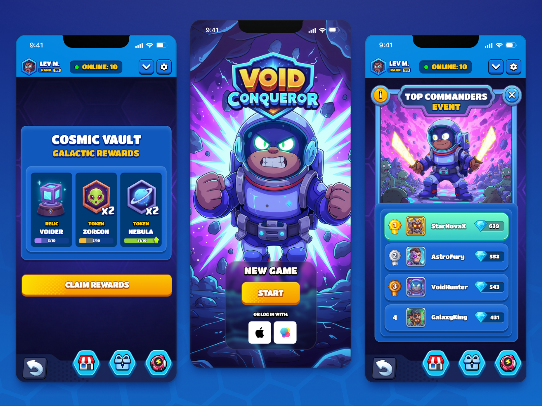 Game UI Design | Void Conqueror (Space Idle Game) 2d cartoon casual game clicker clicker game game design game ui idle leaderboard login mobile game ranking reward sci fi sign in space telegram game telegram mini app ui design