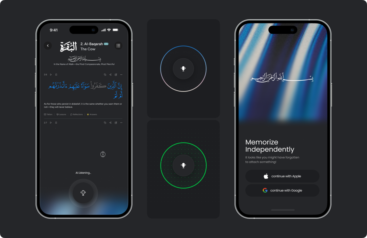 AI-Powered Quran Memorization Companion ai learning app arabic app design arabic typography audio feedback ui dark mode ui e learning mobile app edtech app hifz app islamic app design minimalist app design mobile ui design muslim app progress tracker ui quran app quran memorization recitation app religion app spiritual app voice recognition app waveform ui