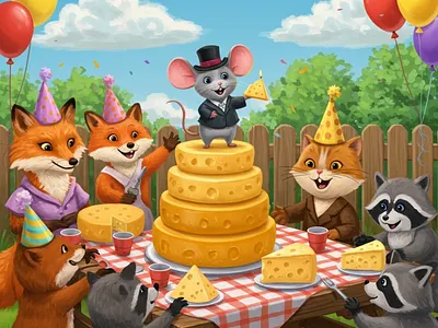The Big Cheese: Birthday Bash! 🧀🎉 2d illustration animal party birthday illustration celebration art character design cheese cake childrens book art childrens book illustrator cute animals digital painting engaging storytelling. forest animals kidlitart mouse character narrative art picture book artist storytelling vibrant colors visual storytelling whimsical art