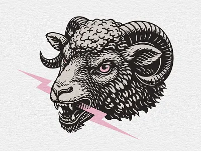 Retro Ram Illustration with Lightning Bolt Vintage Badge Style animal badge bold branding classic emblem engraving graphic hand drawn illustration lightning linework logo mascot ram retro sheep tattoo style vector vintage