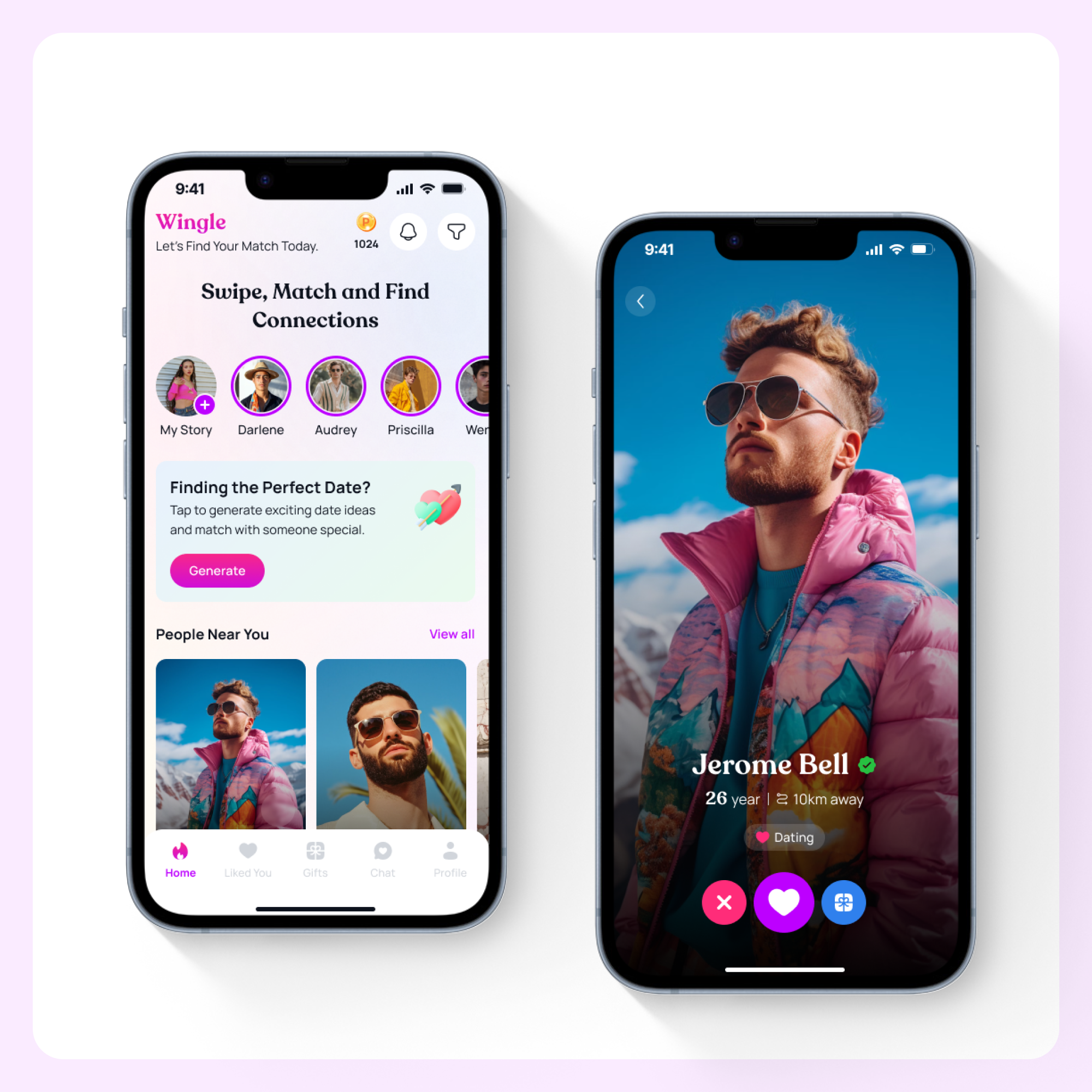 Wingle – Dating App | Swipe, Match & Connect ❤️ ai app app design chat ui date ideas dating dating app figma ios app match making mobile design mobile ui points system product design profile design refer and earn social app swipe app ui design ui ux ux design