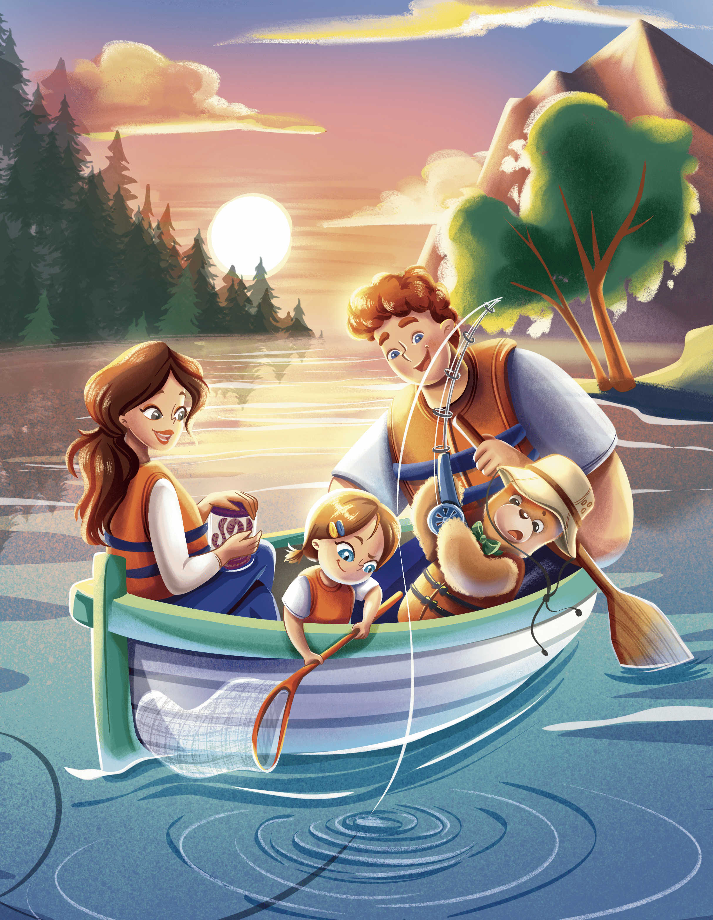 Family fishing trip | Picture for children's book 2d book cartoon childrens book illustration dady daughter digital art emotions family fun funny happy illustration lake light mom sun sunset texture water