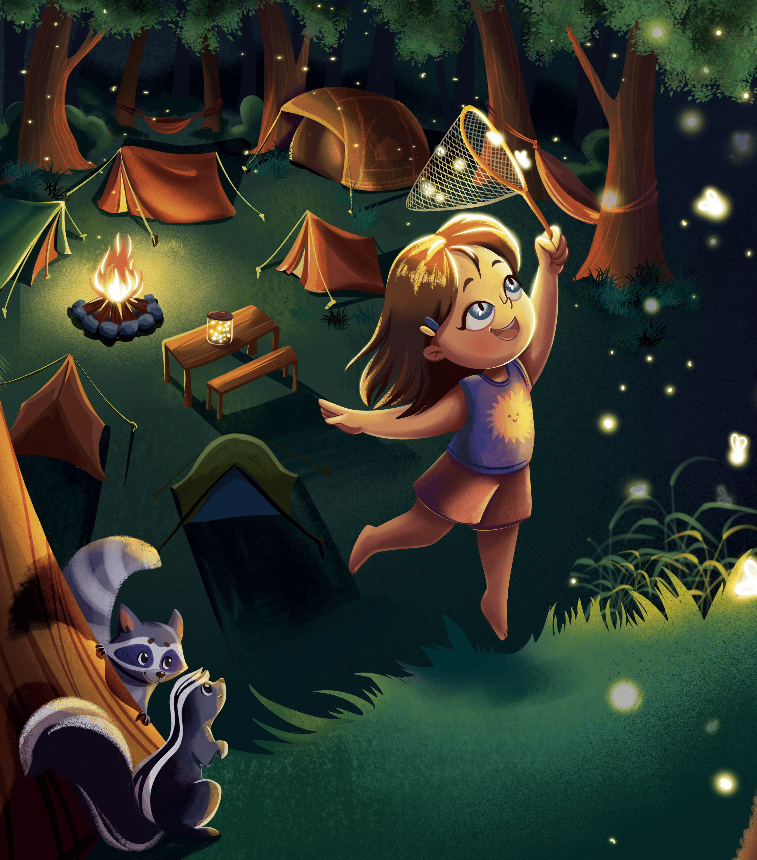 Night scene for kids story 3 6 animals book camping digital fireflies fireplace forest fun game happy illustration kids light little girl night picture story target tone
