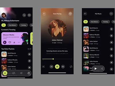 Music Player Mobile App – UI/UX Concept app design app interface dark mode figma mobile app ui mobile ui music app music streaming ui design