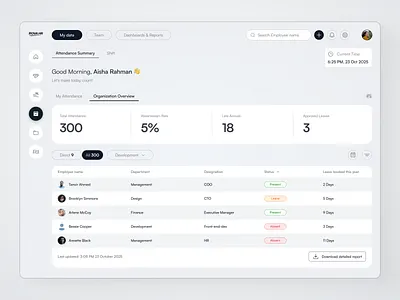 ROVA HR – Attendance & Analytics Dashboard analytics attendance best web app designer best web designer dashboard dashboard inspiration hr hr management hrm hrms inspiration list item list view management modern ui summary ui web webapp
