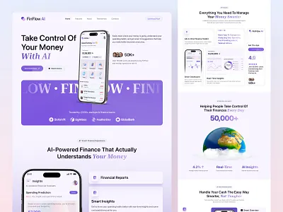 AI Finance App Landing Page Design | Smart Money Management SaaS interface product service startup ui ux web