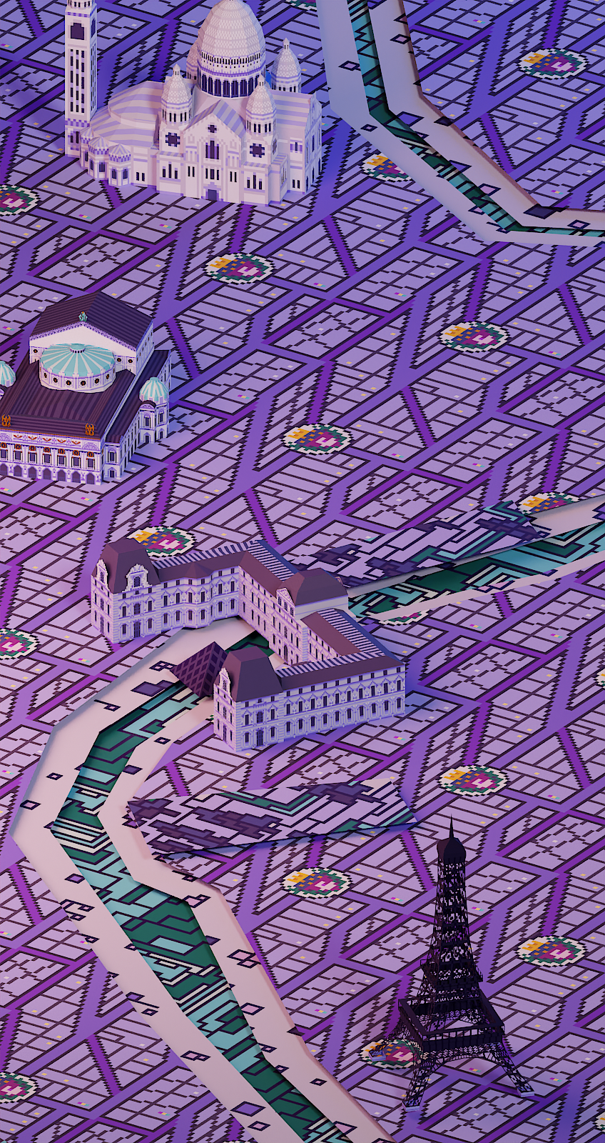 Paris City Buildings 3dart 3dmodeling arcdetriomphe architecturalart cityscape eiffeltower environmentart europeanarchitecture europeancity france illustratedmap louvre lowpoly lowpolyart mapart notre dame paris pixelart pixelartstyle stylizedart