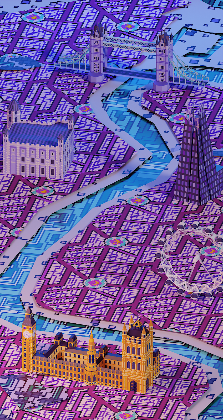 London Building Renders 3dart 3dmodeling architecturalart bigben cityscape environmentart europeanarchitecture europeancity illustratedmap london londoneye lowpoly lowpolyart mapart pixelart pixelartstyle stylizedart theshard towerbridge uk