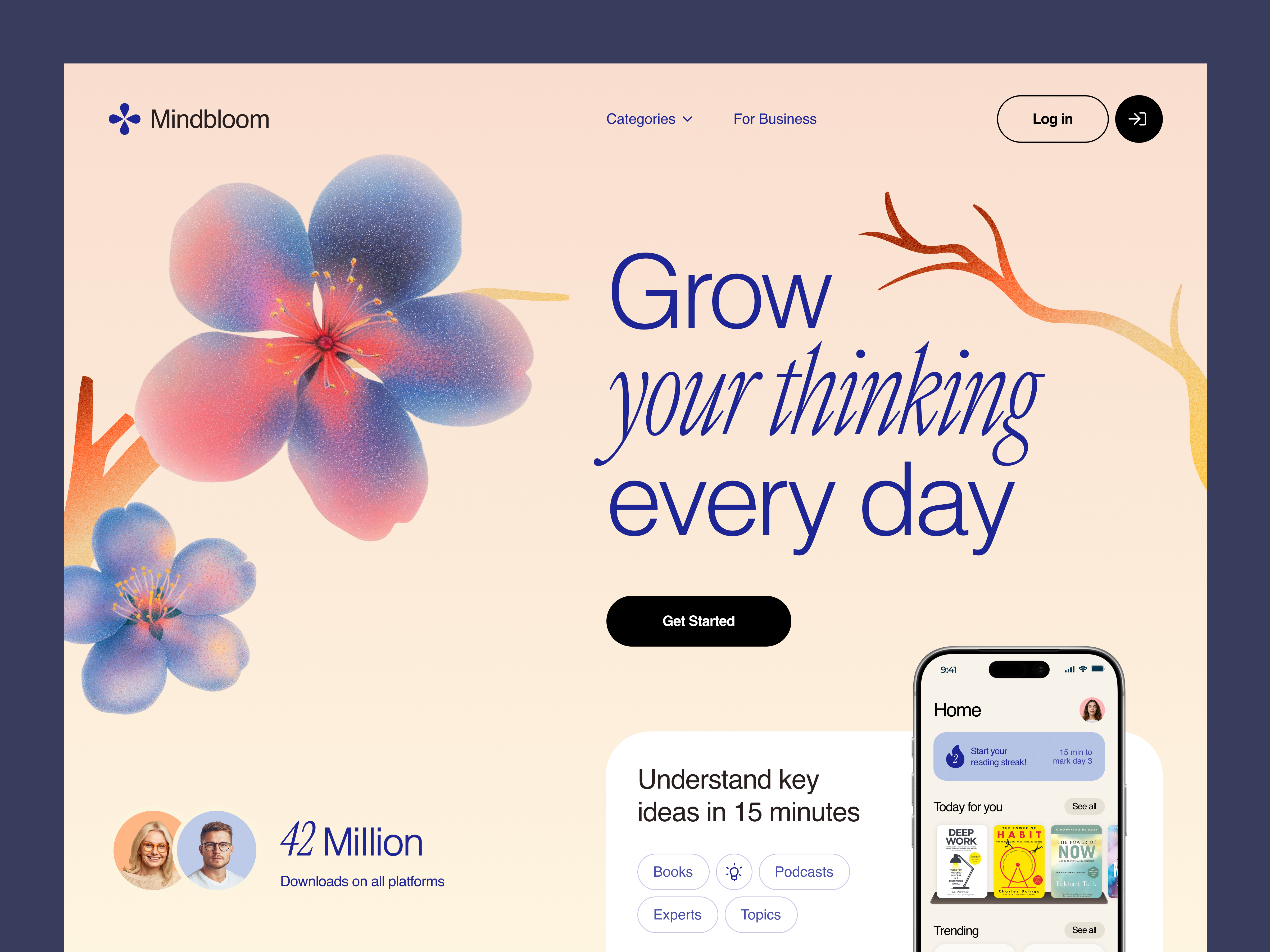 Mindbloom — Self-Development App & Learning Platform app design knowledge platform minimal reading app self growth ui uiux ux web web design website