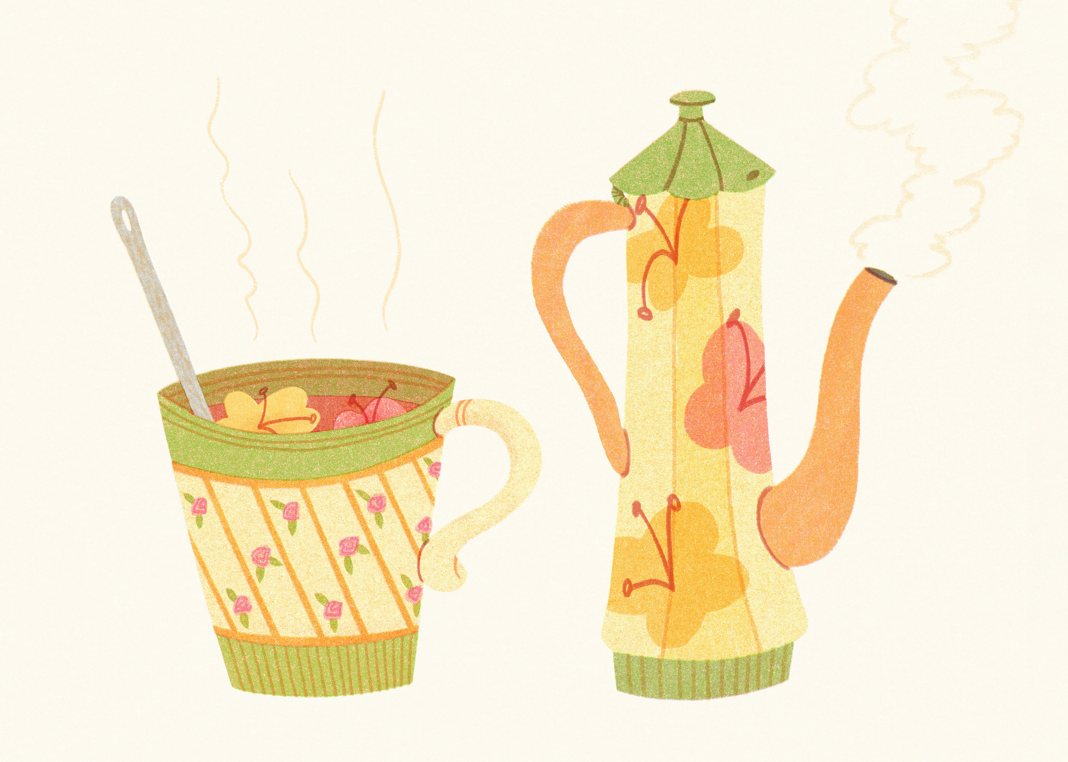 Tweety Flower Teapot, Teabag and Teatime animation art artwork bookcover cafe childrensart design editorial food illust illustration ipad kettle kidlitillustration menu pattern photoshop procreate spring tweetyheather