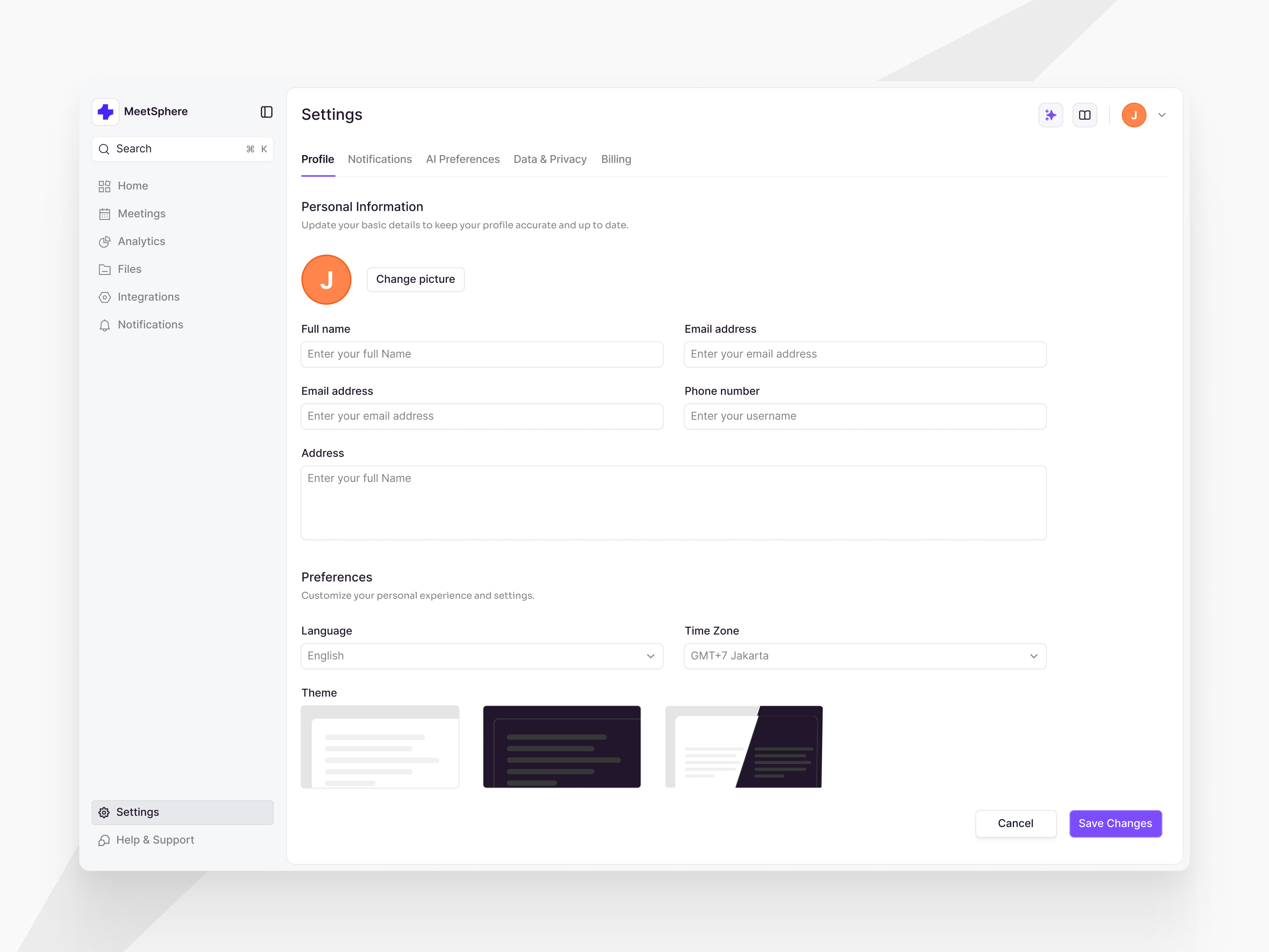 Profile Settings - MeetSphare dashboard menu preferences profile saas settings sidebar theme ui user ux web website