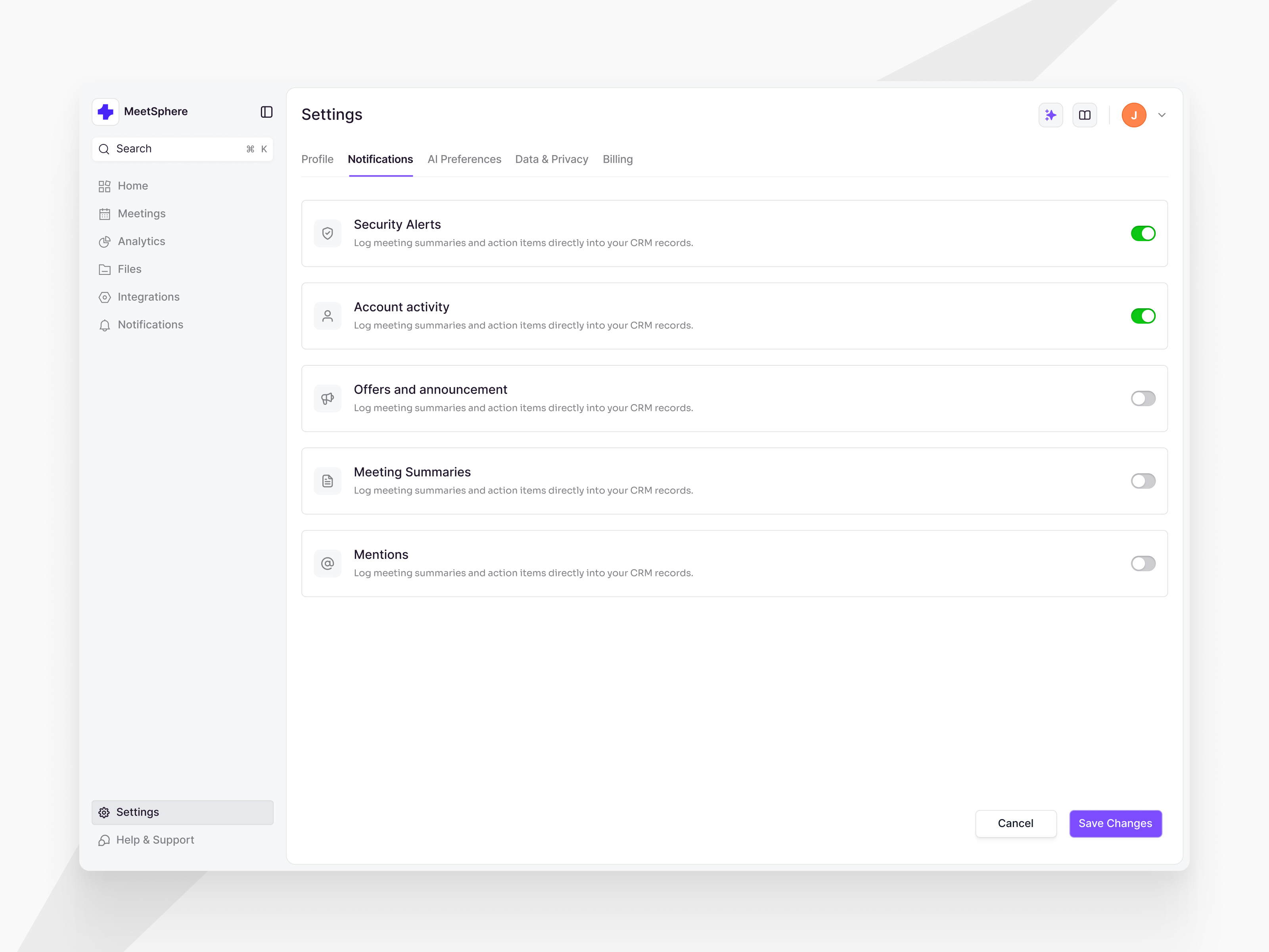 Settings notifications - MeetSphere dashboard dekstop notifications preferences profile saas settings toogle ui ux web website