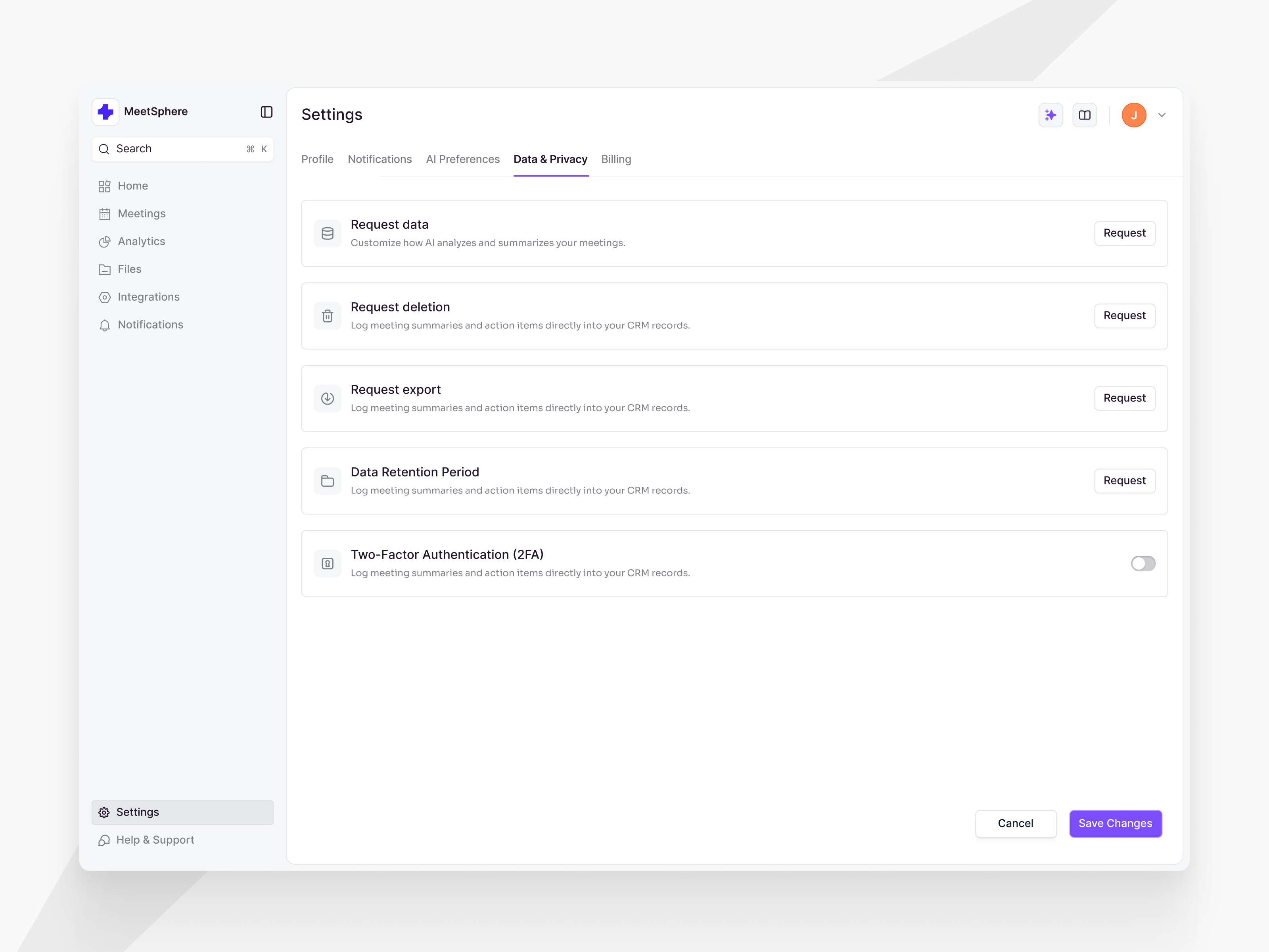 Settings Data & Privacy - MeetSpare dashboard desktop profile saas settings ui ux web web app