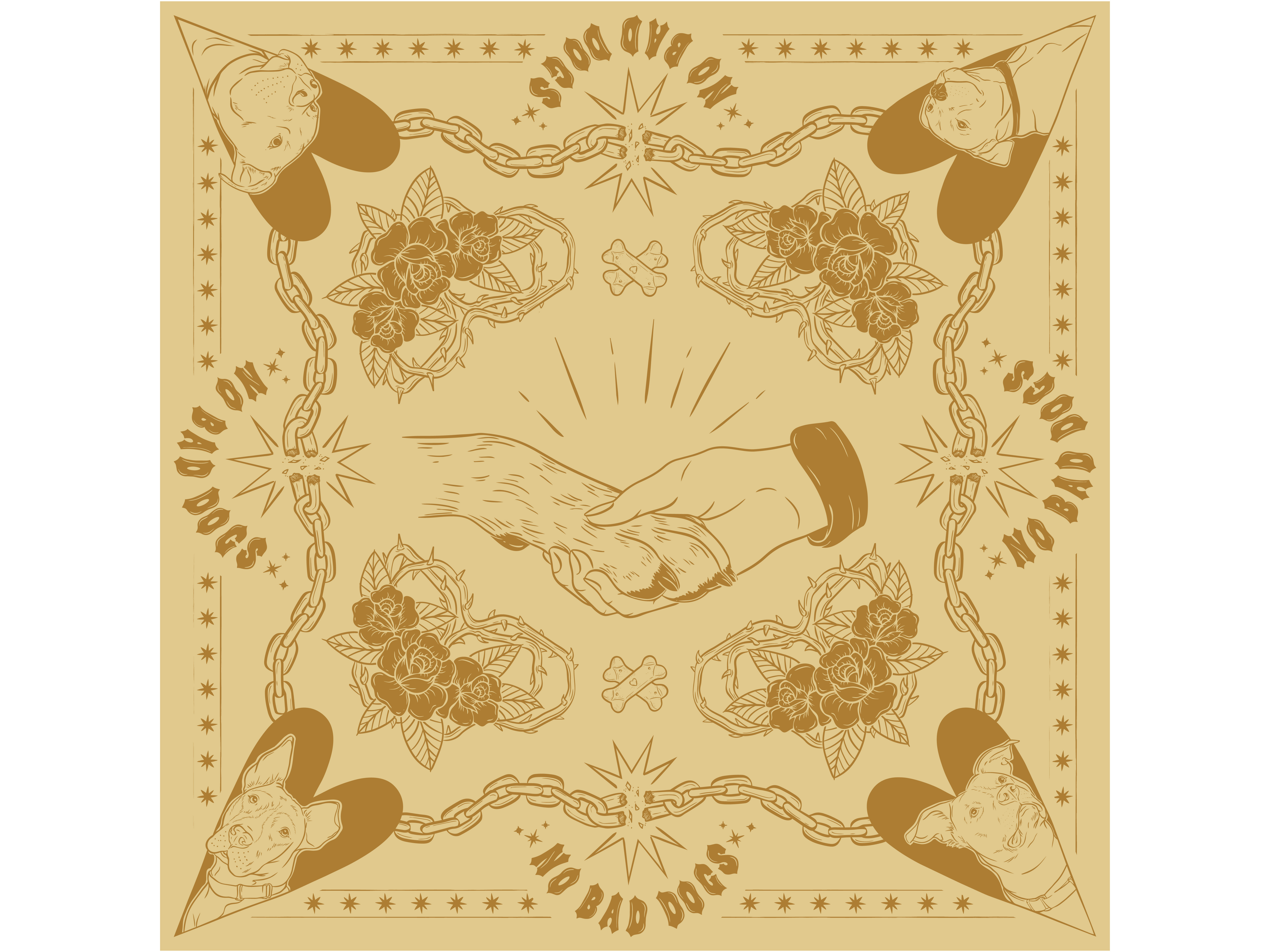 No Bad Dogs bandana bandana design chain dogs hand handdrawn illustration paw pet pit bull pit bulls rescue dogs roses shelter dogs
