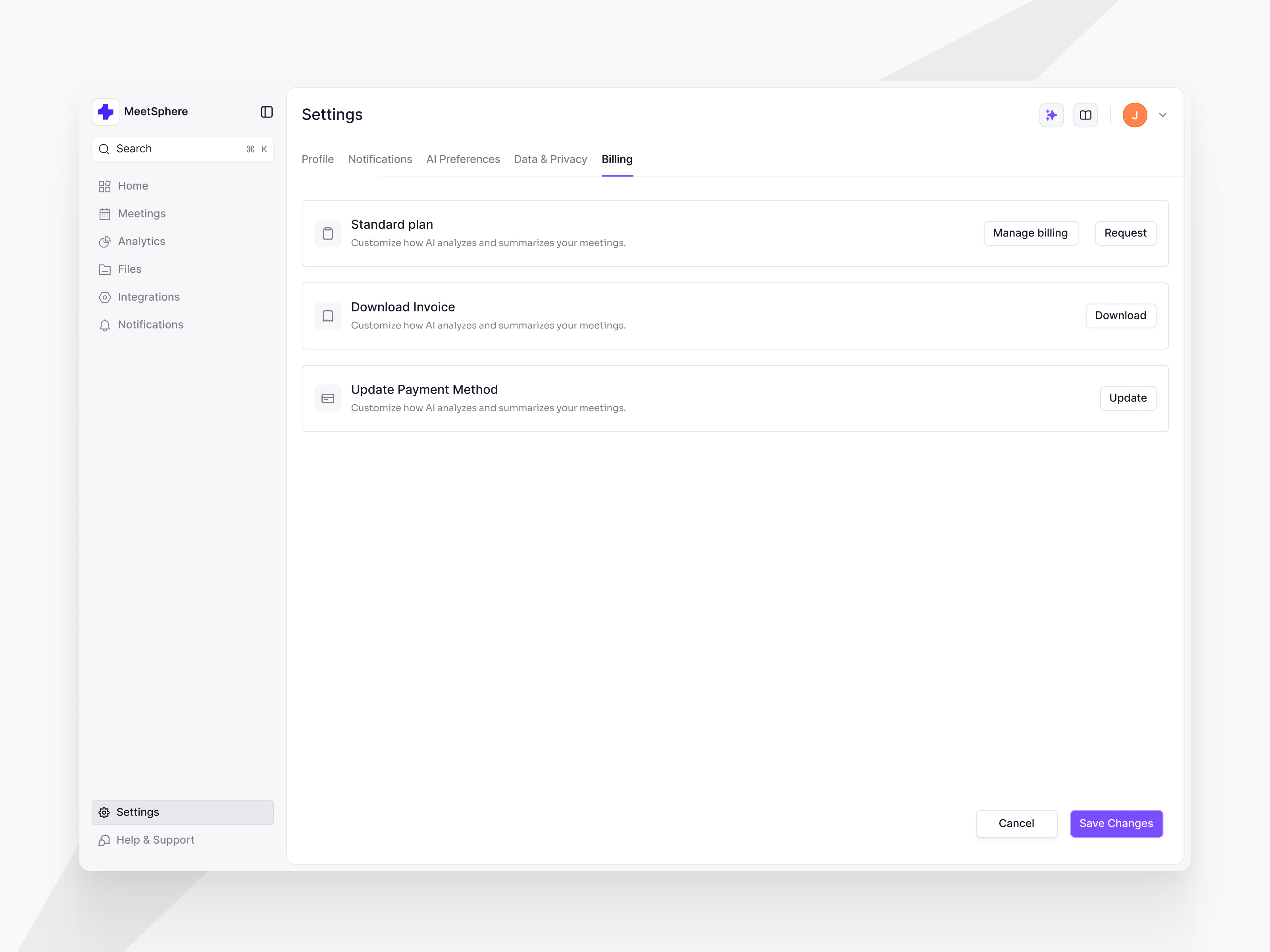 Settings Billing - MeetSphare billing dashboard desktop profile saas settings ui ux web web app website