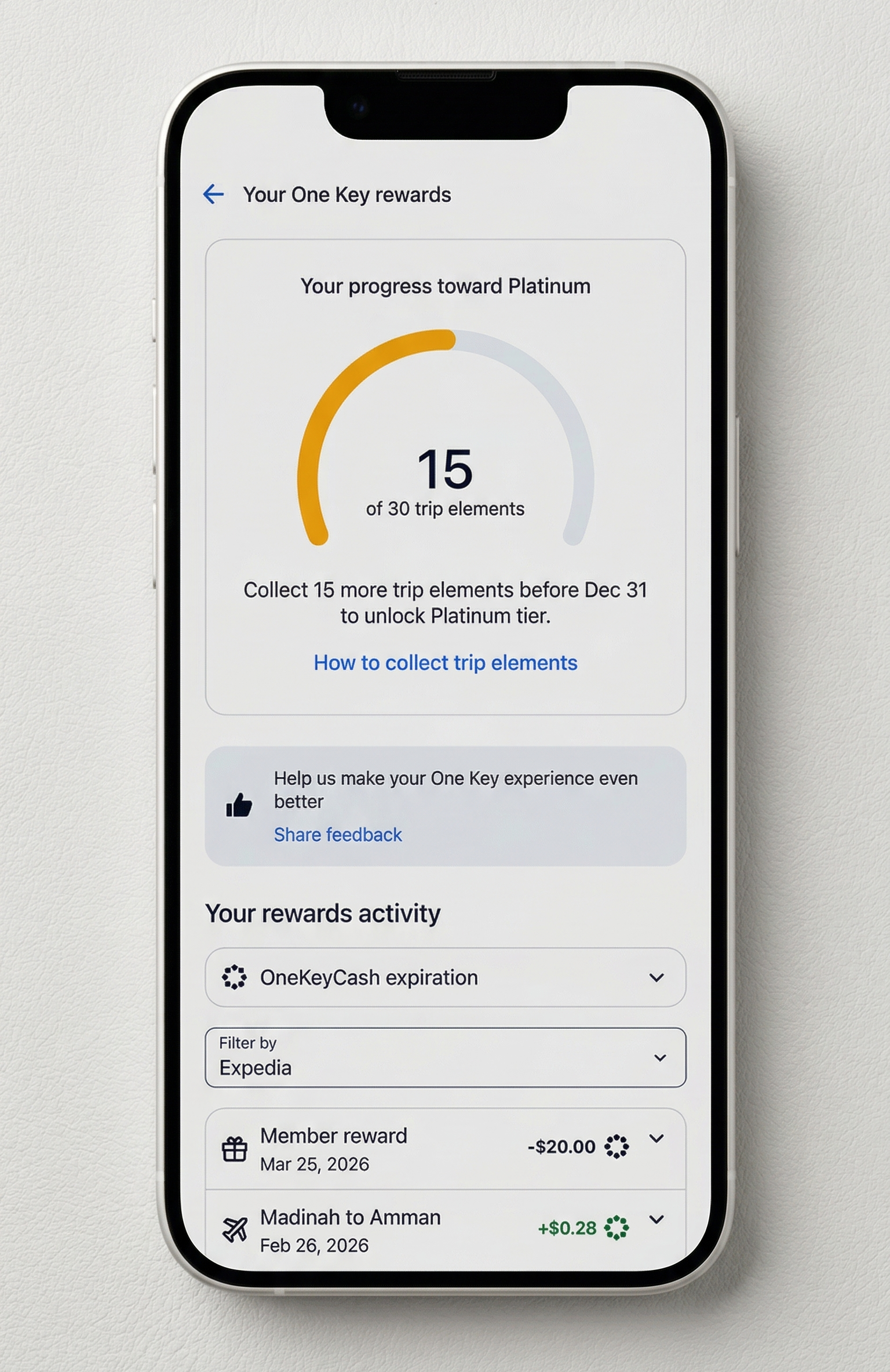 One Key Cash, rewards page (Expedia)