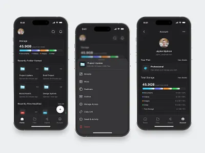 File Management Mobile App app categories chart clean dark design directory doc file fireart list nav profile storage ui ux