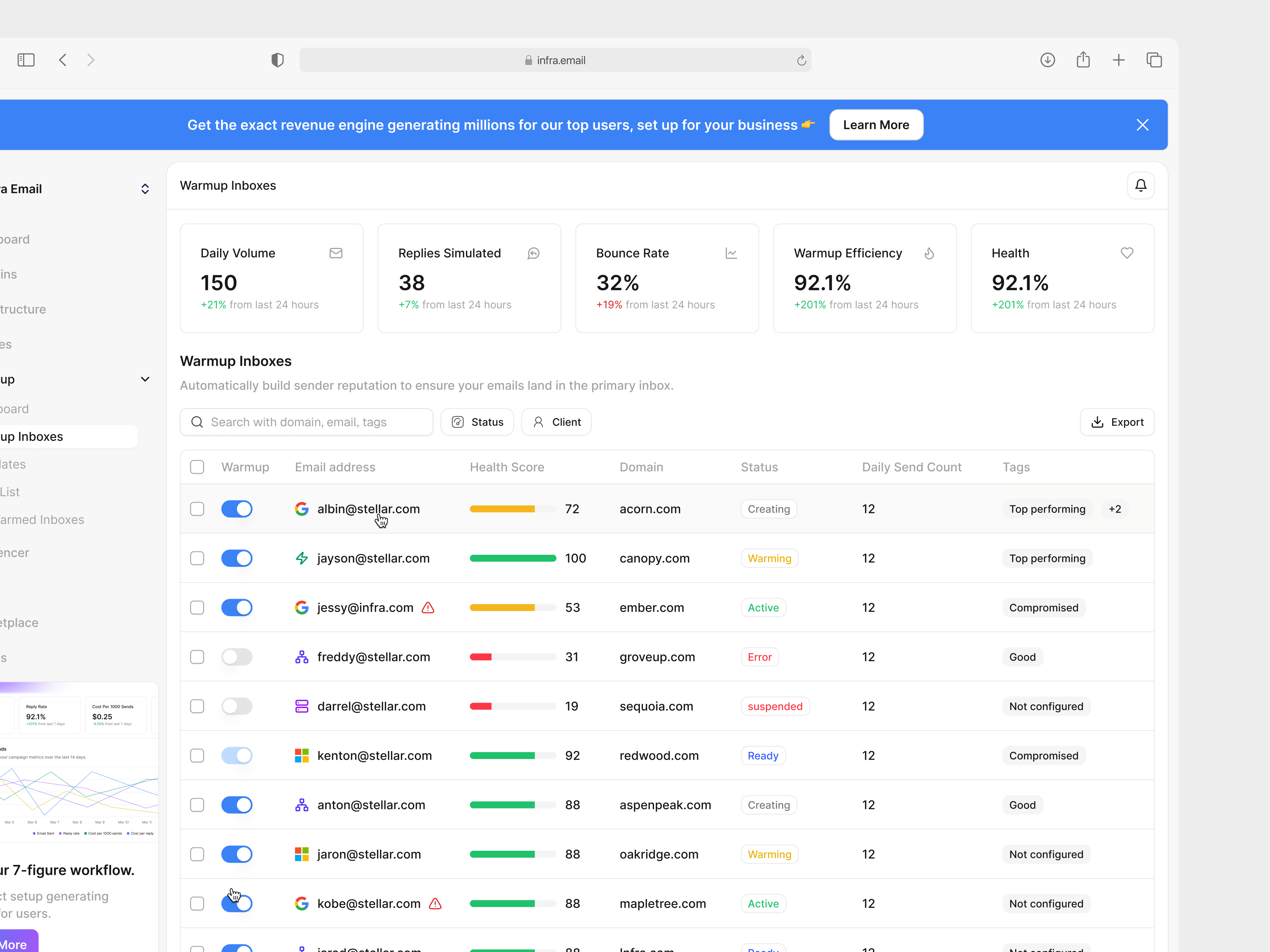 Infra.Email — Inbox Warmup & Email Marketing Dashboard UI Design admindashboard b2bsaasdesign coldoutreachui dashboarddesign datatabledesign deliverabilityui emailcampaignui emaildashboard emailinfrastructure emailmarketingdashboard emailmarketingui emailoutreach inboxmanagement marketingautomation productdesign saasdashboard saasuidesign uiuxdesign webappdesign webdashboardui