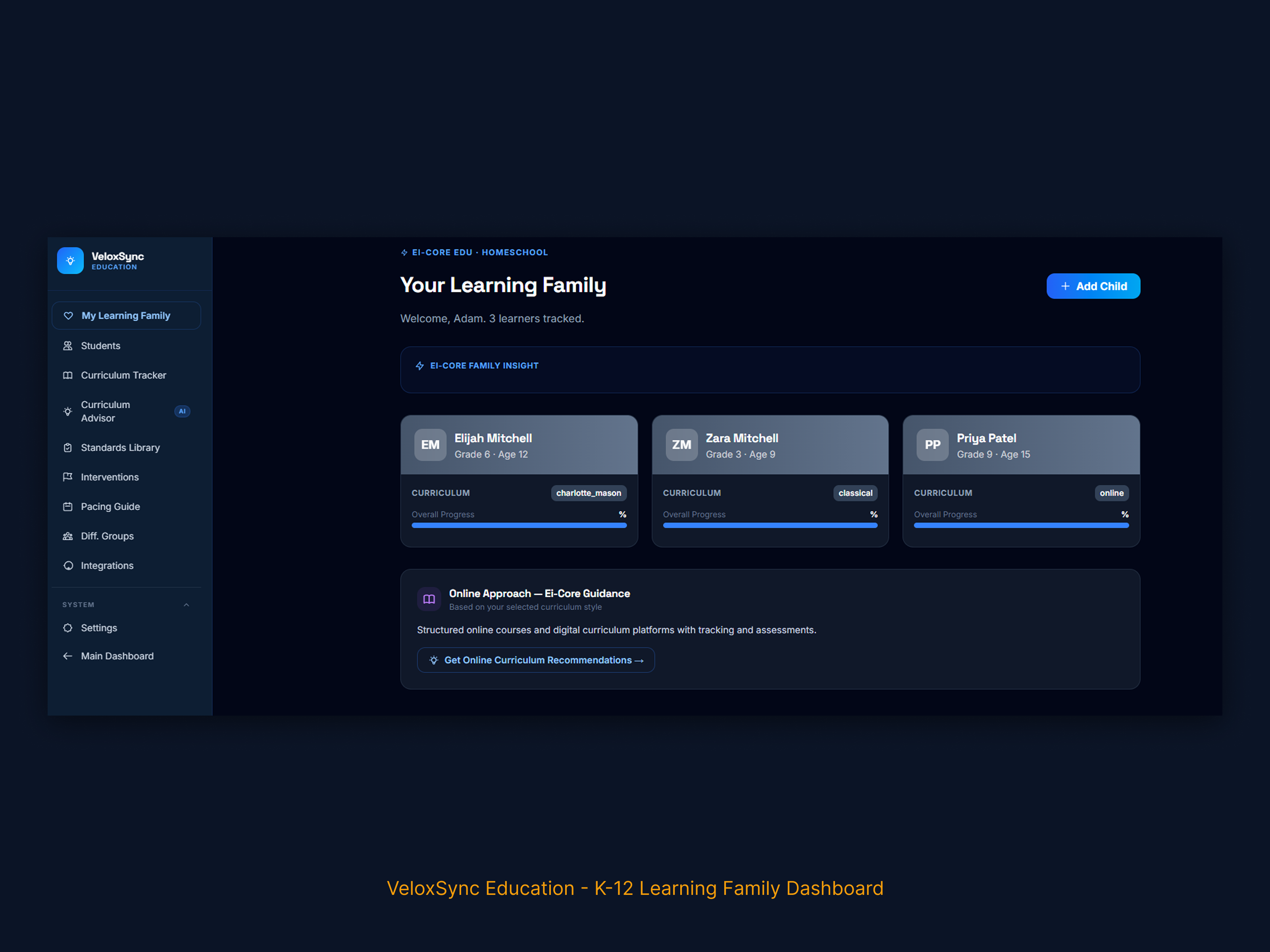 VeloxSync Education — K-12 Learning Family Dashboard UI