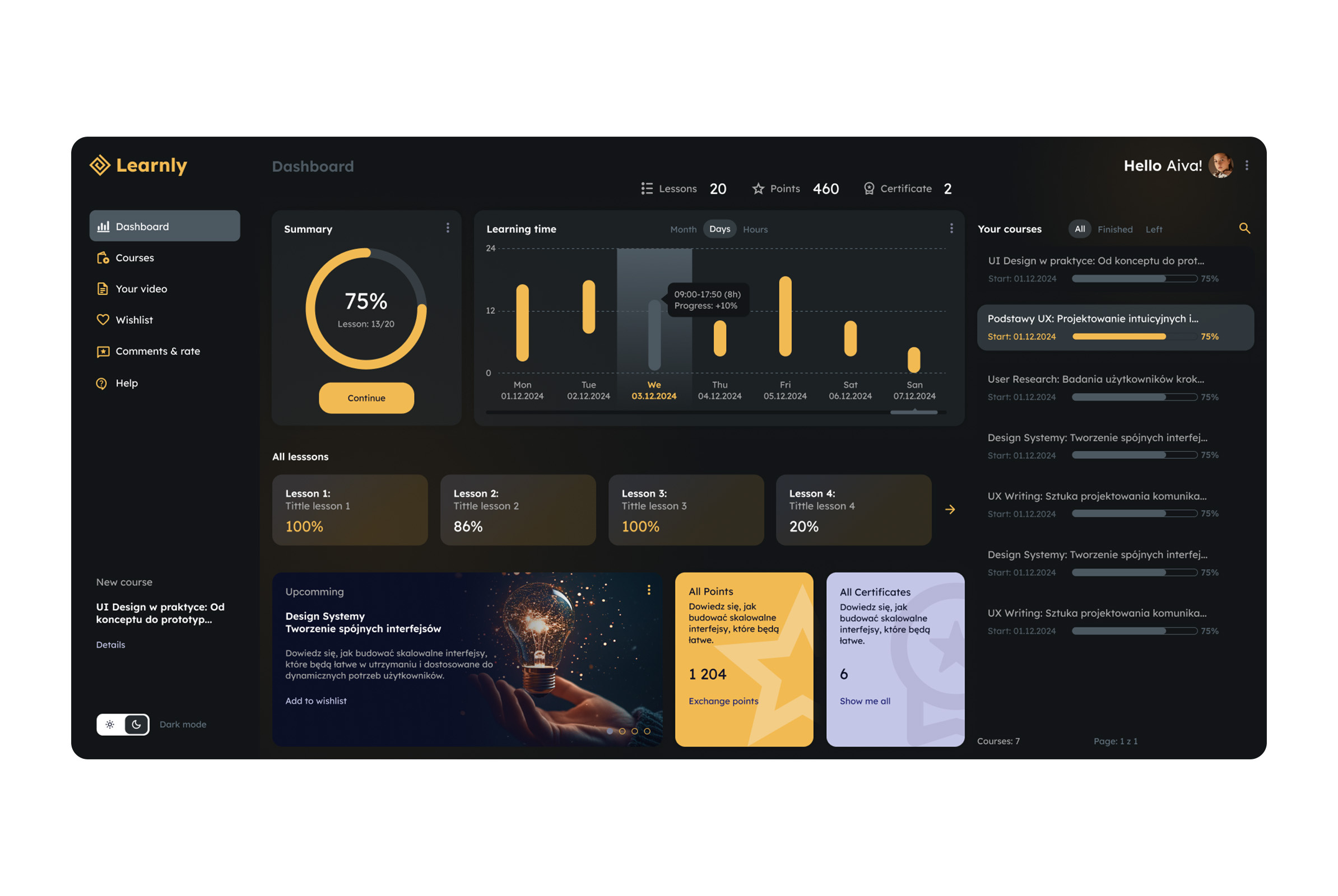 Dashboard Learning branding darkmode dashboard graphic design inspiration learning ui ux